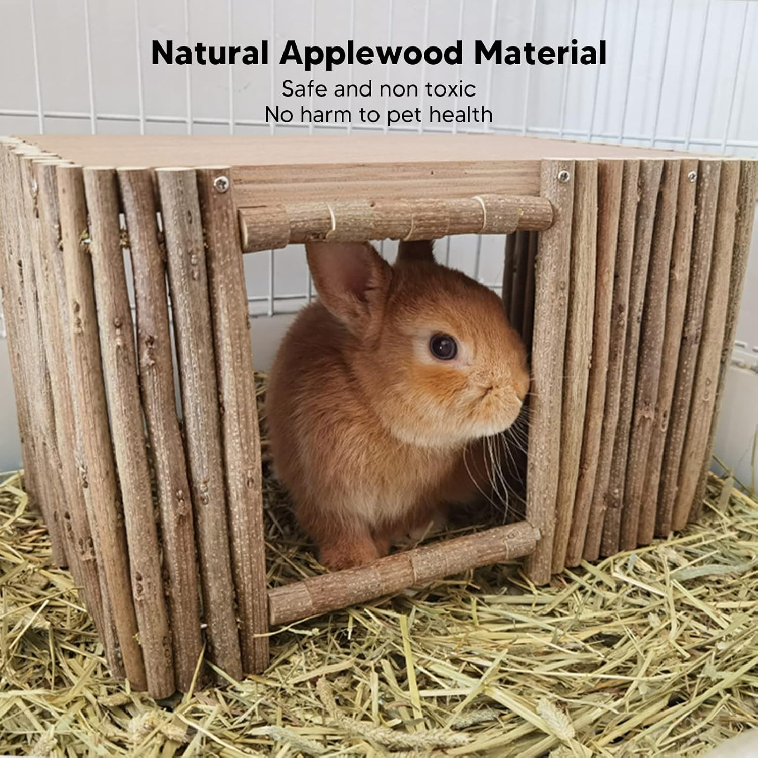 Wooden Rabbit Castle Hideout with Platform, Safe Breathable Small Animal House for Rabbits, Hamsters, Guinea Pigs, Fine Polished, Easy to Install image number 3