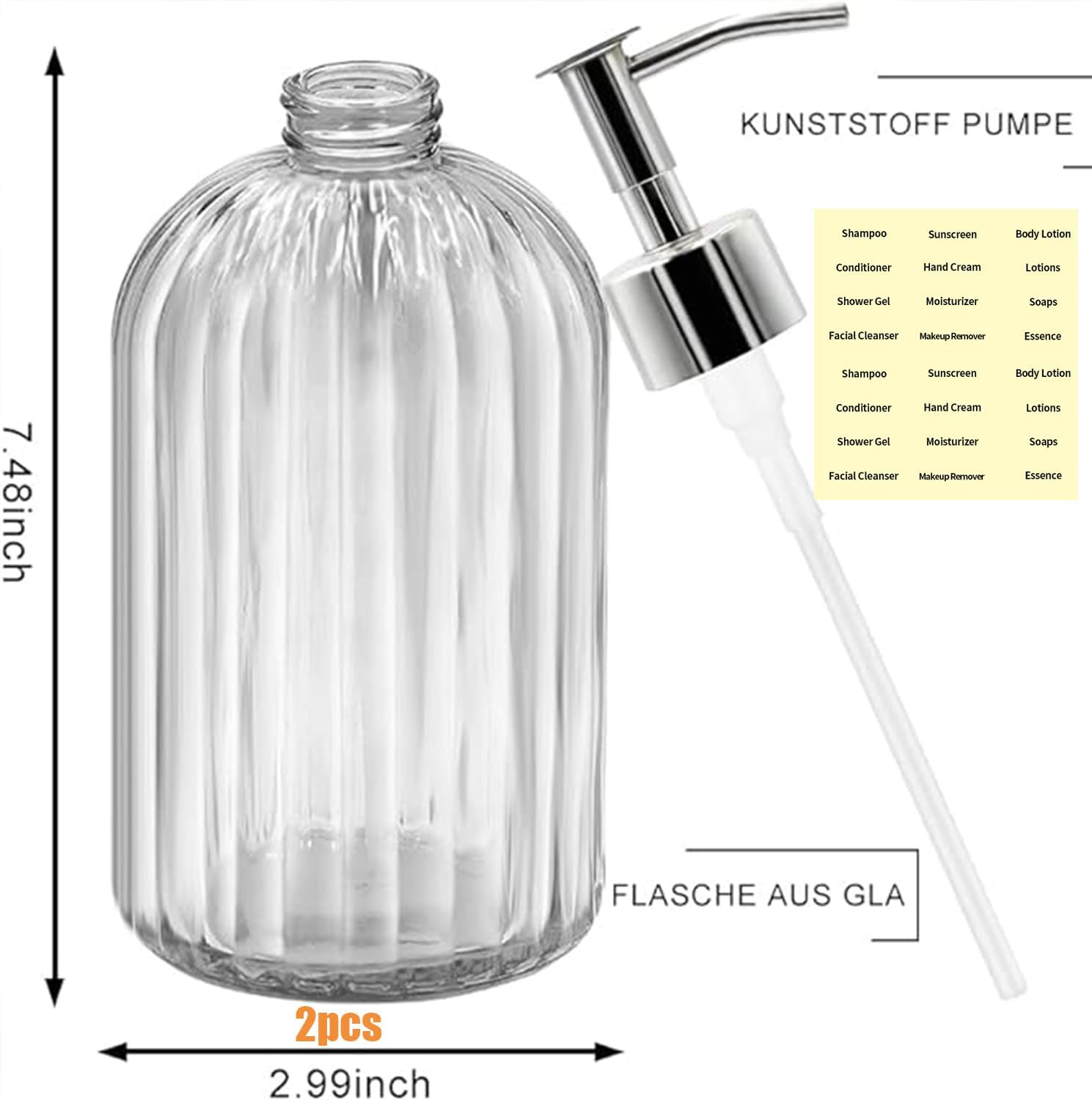 Clear Glass Soap Dispenser (2 Pack 400ML) Refillable Hand Soap Dispenser Vertical - Stripe Bathroom & Kitchen Dispensing Containers (Pink) image number 1