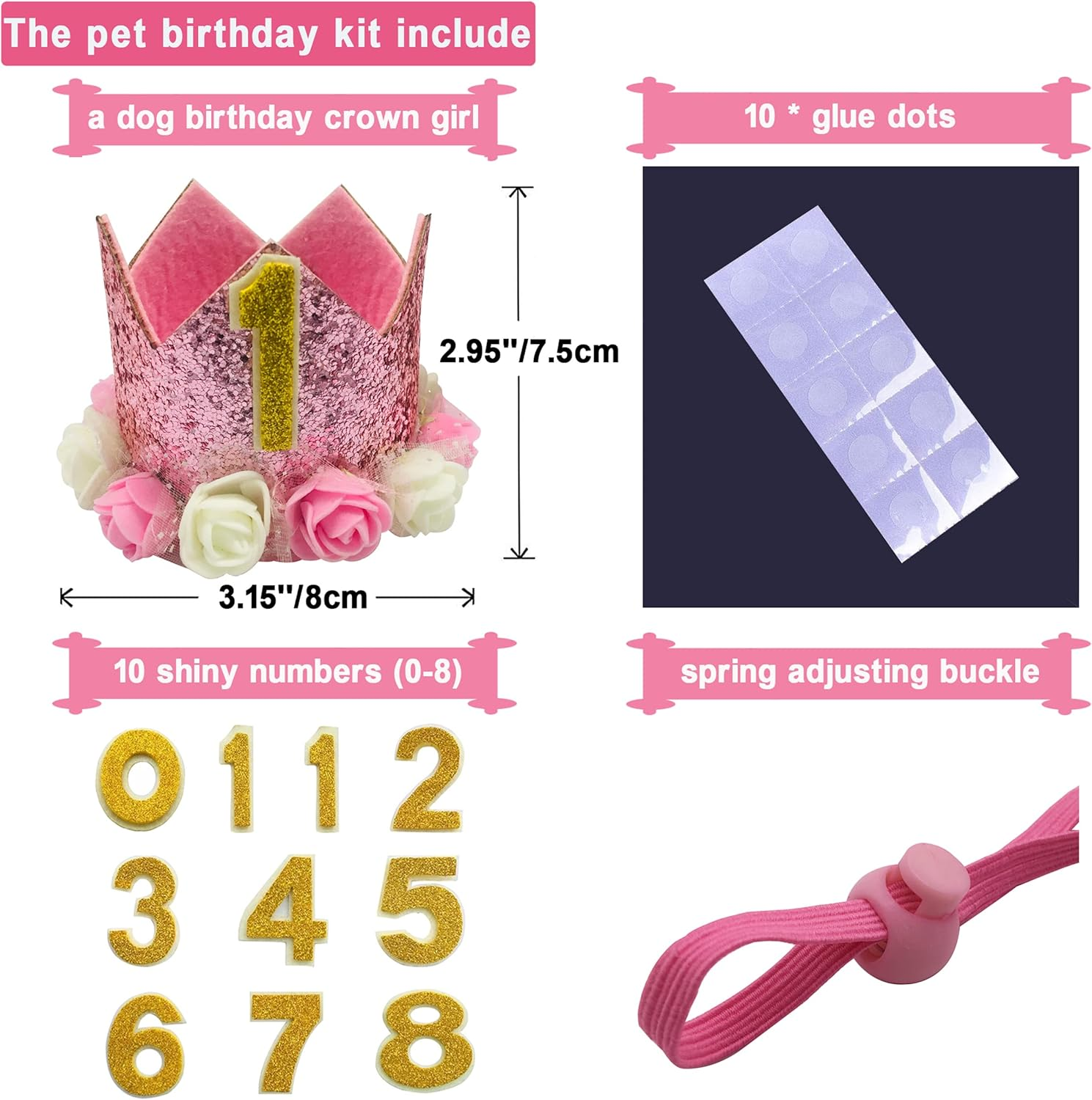 JAMSTONE Crown Dog Birthday Hat Reusable Doggie Birthday Party Hat for Pets Glitter Crown Hats for Dogs Cats Kitten Headband Hats Pink - Pink image number 6