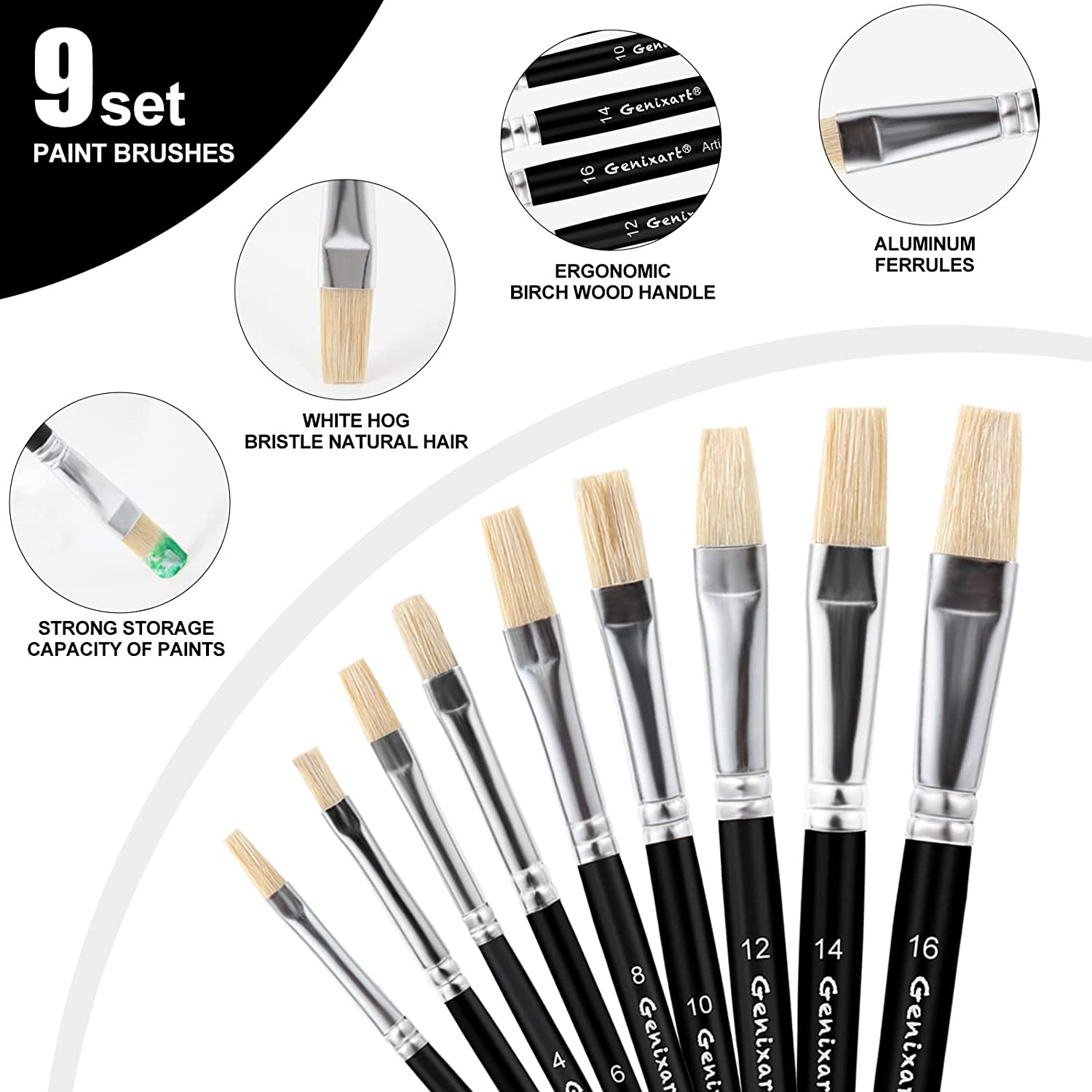 Acrylic Oil Watercolor Paint Brush Set, 9Pcs Flat Paintbrushes for Art Painting, 100% Natural White Hog Bristle Artist Paint Brushes for Students Adults (Black Handle)
