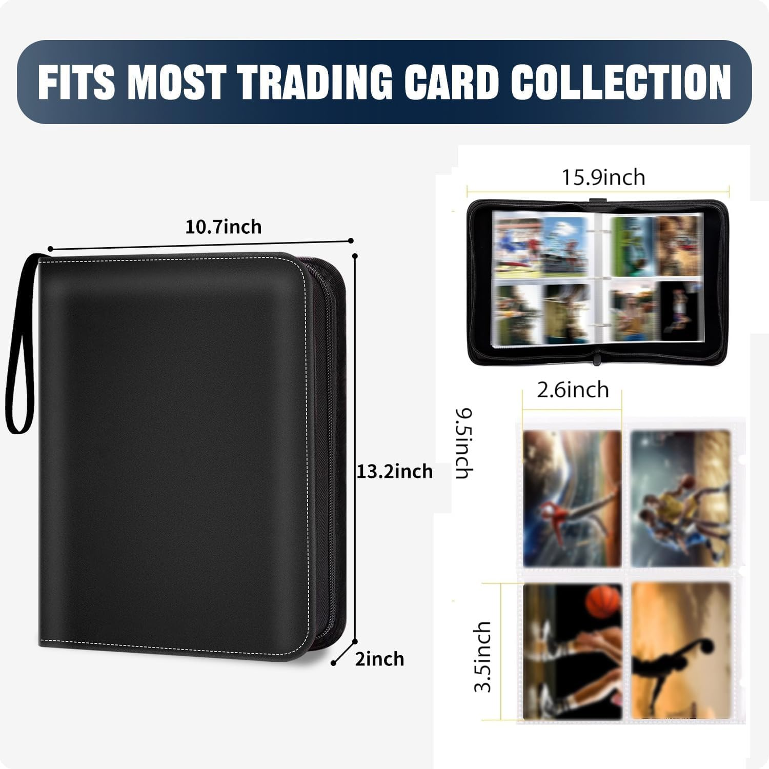 Trading Card Binder with Sleeves, 4 Pocket Baseball Card Holder, Sports Card Folder Collectible Trading Card Albums Fits 400 Cards with 50 Removable Sleeves Black image number 6