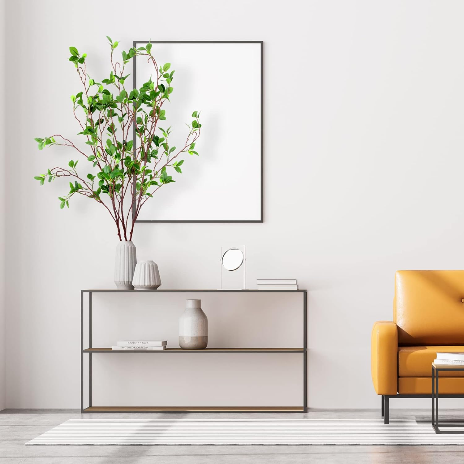 AUSTOR 3 Packs 45" Artificial Ficus Stems Faux Green Branches Leaf Fake Green Bushes Shrubs Ficus Twig Stems for Vase Filler Home Wedding Office Decor image number 1