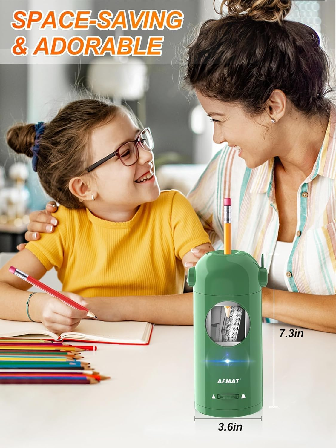 AFMAT Electric Pencil Sharpener, Fully Automatic Rechargeable Pencil Sharpener for 7-11.5Mm Pencils, Auto in & Out, Hands-Free Robot Pencil Sharpener for Home, Classroom, Battery Operated, Green - Blue image number 4