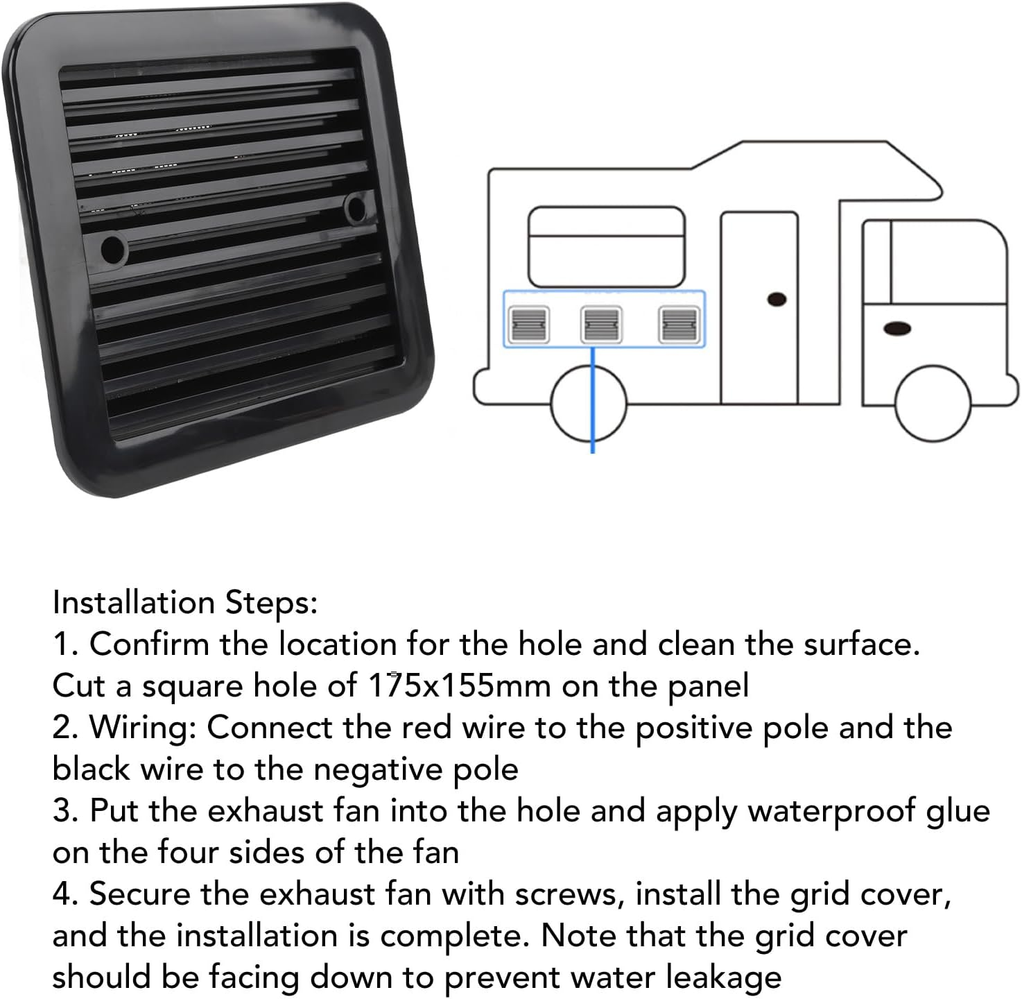 RV Side Vent Fan, 24V 7.2W 3000RPM One Way High Speed Exhaust Fan, Waterproof Air Vent Ventilation with Shutter for Motorhome RV Caravan Trailer Boat Yacht, Black image number 5