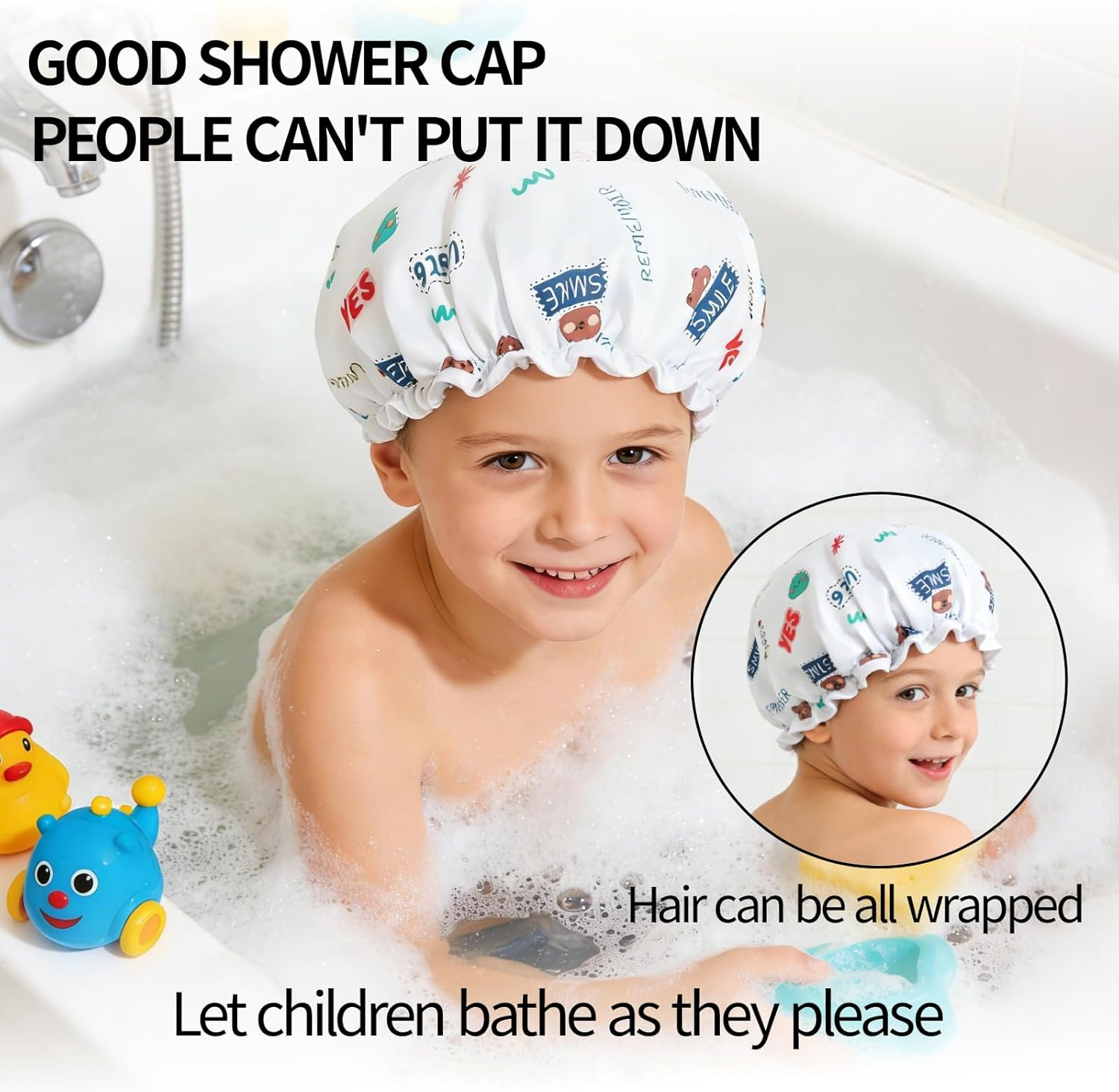 3-Pack Kids Shower Cap, Double-Layer Waterproof Shower Cap - Rabbit & Strawberry & Bear Cartoon Patterns, Adjustable Elastic Band, Soft Kids Sleeping Cap Reusable Bathing Cap for Kid image number 4