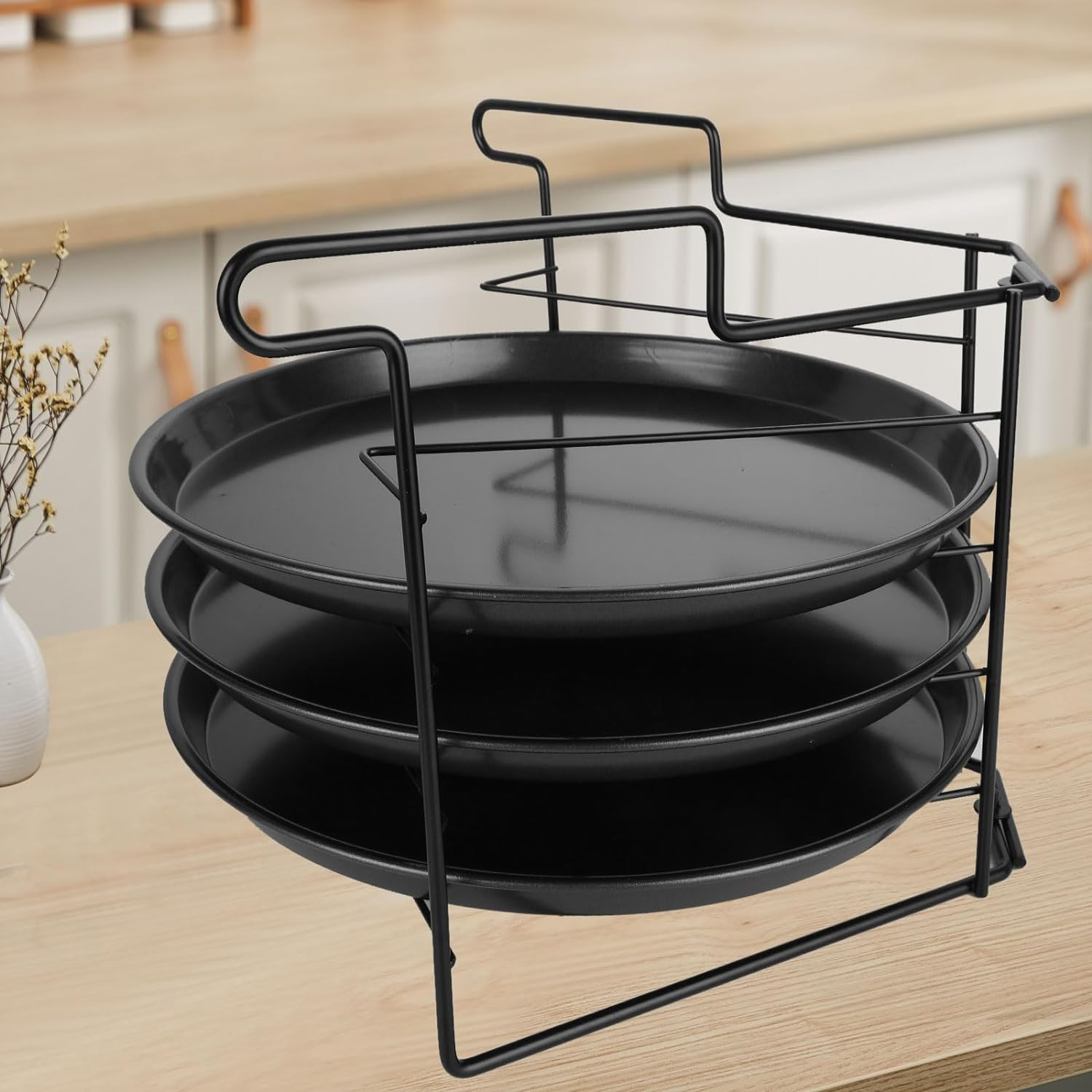 SIMTWO Pizza Tray Set of 3 with Folding Rack, Non-Stick Pizza Pans for Oven, 11Inch/28Cm round Pizza Baking Tray image number 6