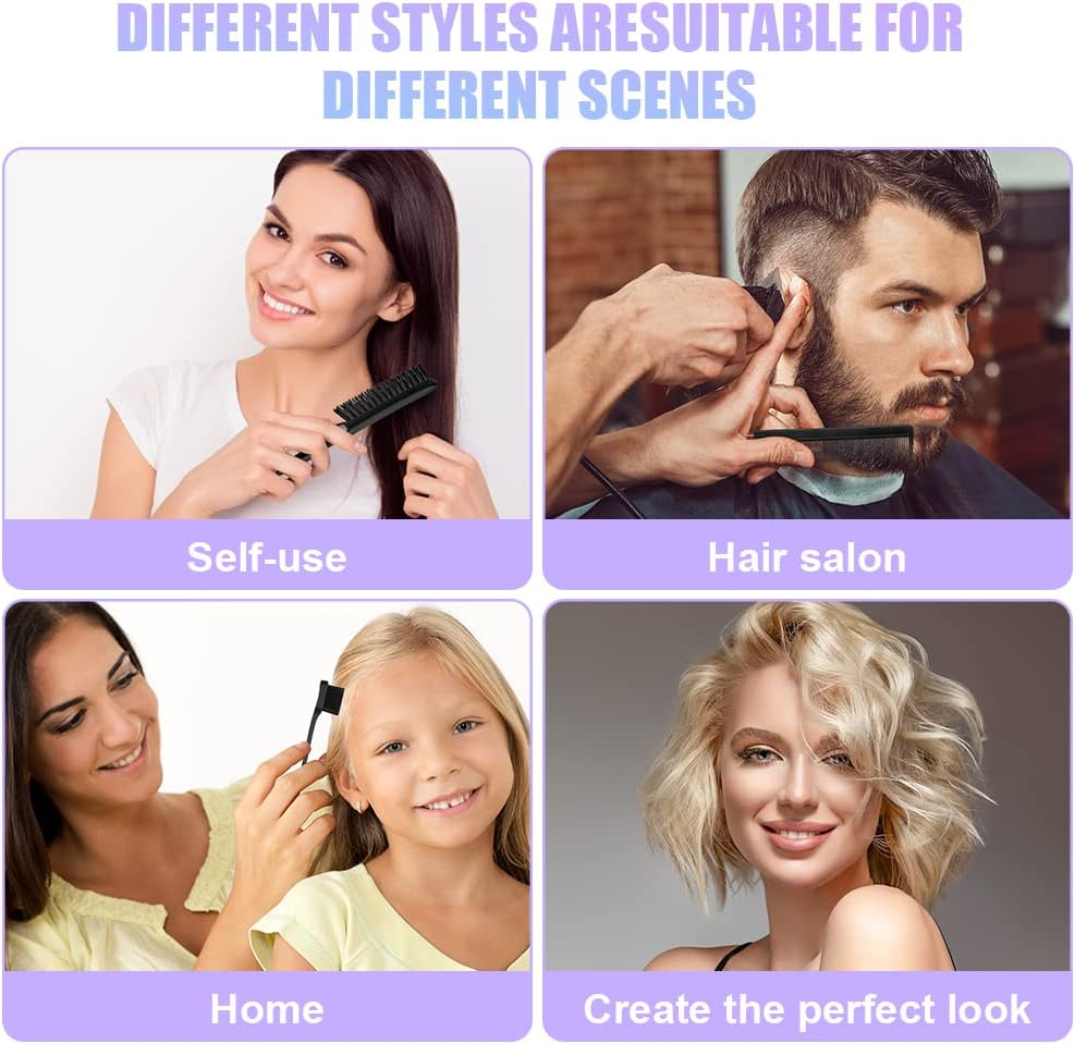 AOOWU 3 Pcs Slick Brush Set, Volume Creating Teasing Brush Set, Hair Styling Comb Set Include Bristle Hair Brush Double Sided Edge Brush Rat Tail Comb for Women Kids Edge Back Hair Smoothing (Black) - Black image number 3