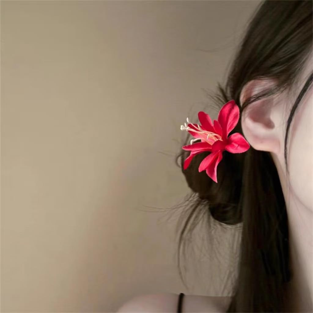 Enautoabs Boho Vintage Flower Hair Clip Duckbill Clip Flower Fabric Hairclip Barrette Red Floral Wedding Hairpin Clips Minimalist Floral Hairs Clips Hairs Accessories for Women image number 5