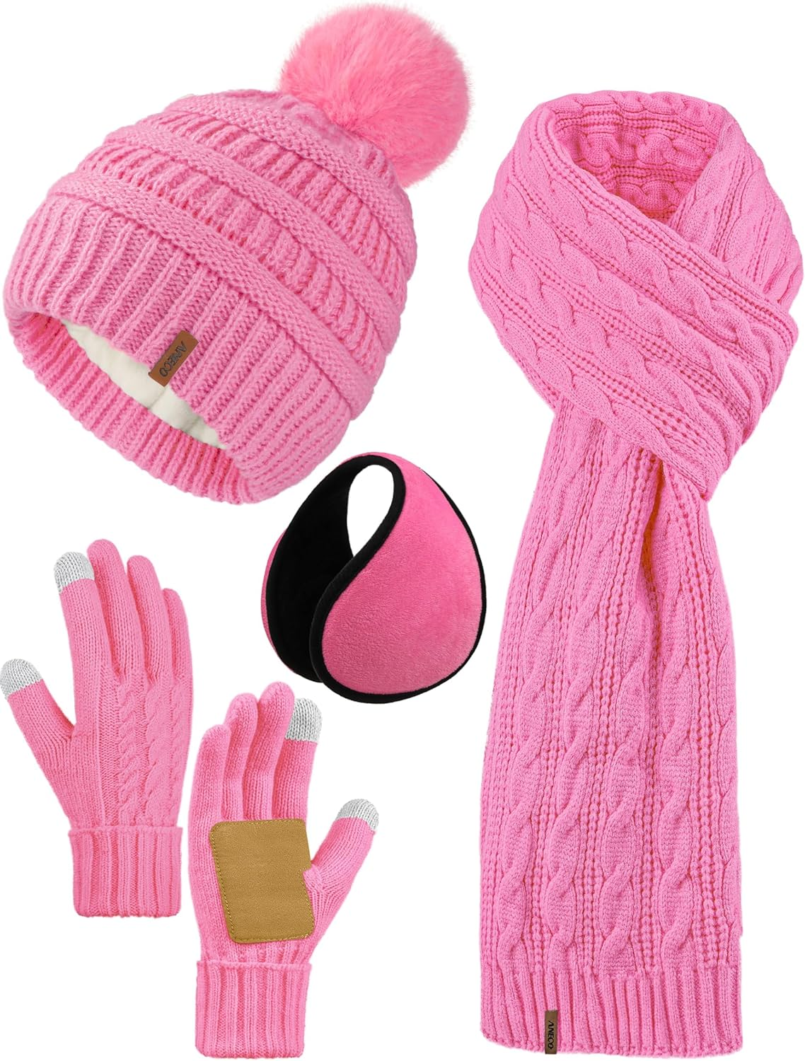 Aneco 4-In-1 Women Winter Beanie Hat Scarf Touchscreen Gloves Ear Warmer Set Fleece Lined Warm Knit Skull Cap with Pom Pom