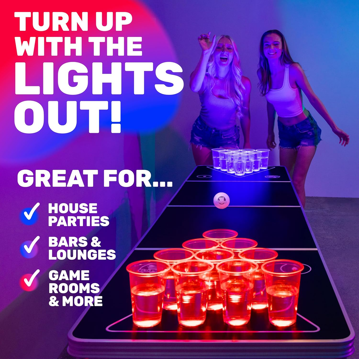 Gopong 8 Ft Foldable Beer Pong Table with LED Lights - Regulation Size Portable Pong Table with 6 Balls image number 3