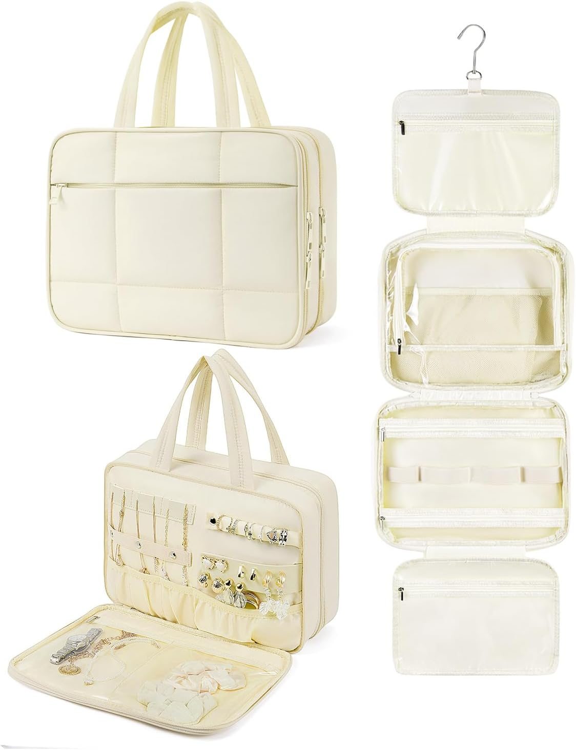 DDPOND Travel Toiletry Bag with Jewelry Organizer for Women, Puffy Hanging Makeup Bag Lightweight Cosmetic Bag Organizer for Travel Essentials