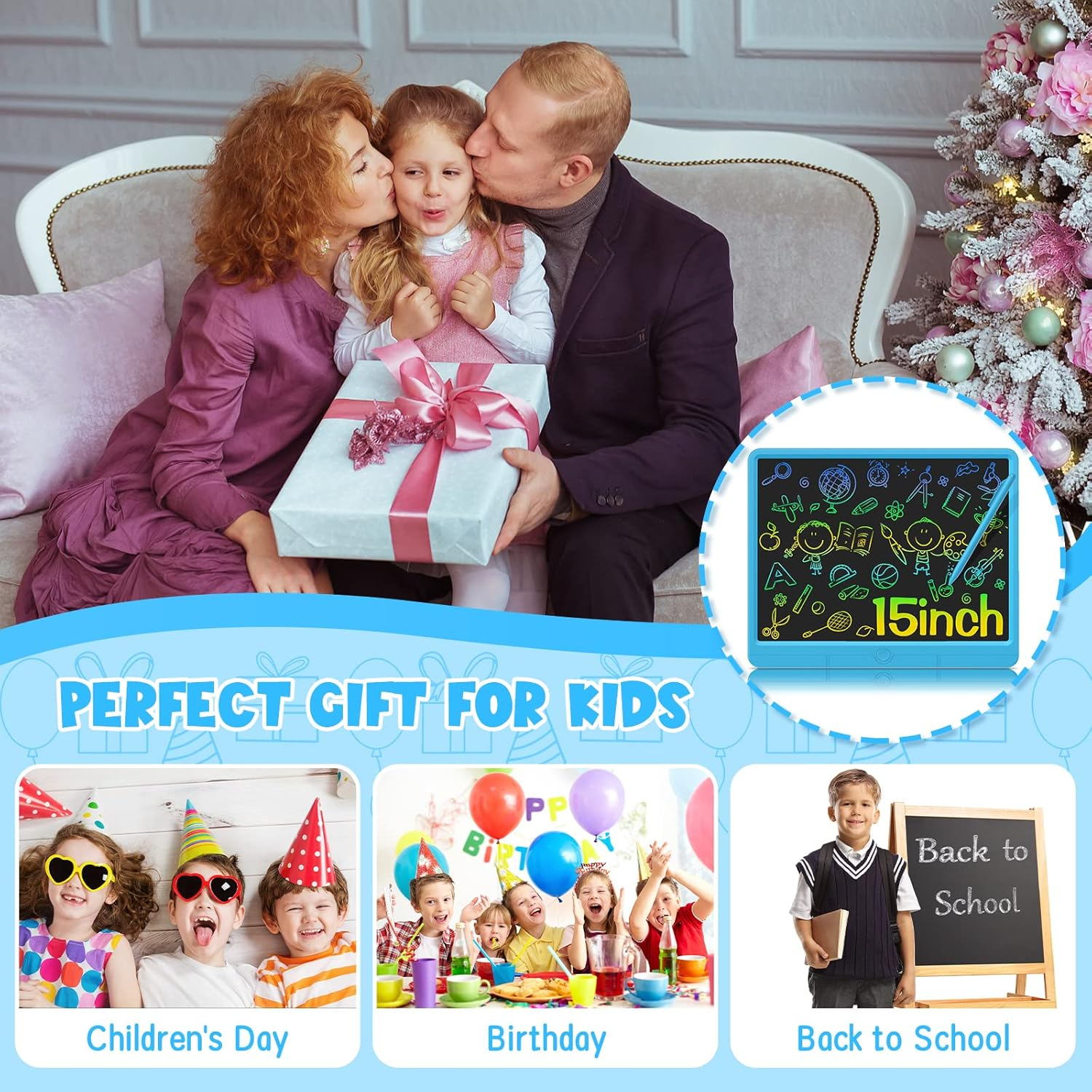 Wicue LCD Writing Tablet for Kids 15In Drawing Tablet, Colorful Doodle Board Drawing Pads, Electronic Drawing Boards Travel Activity Games for 3 4 5 6 Year Old Kids Birthday Gifts (Blue) image number 5