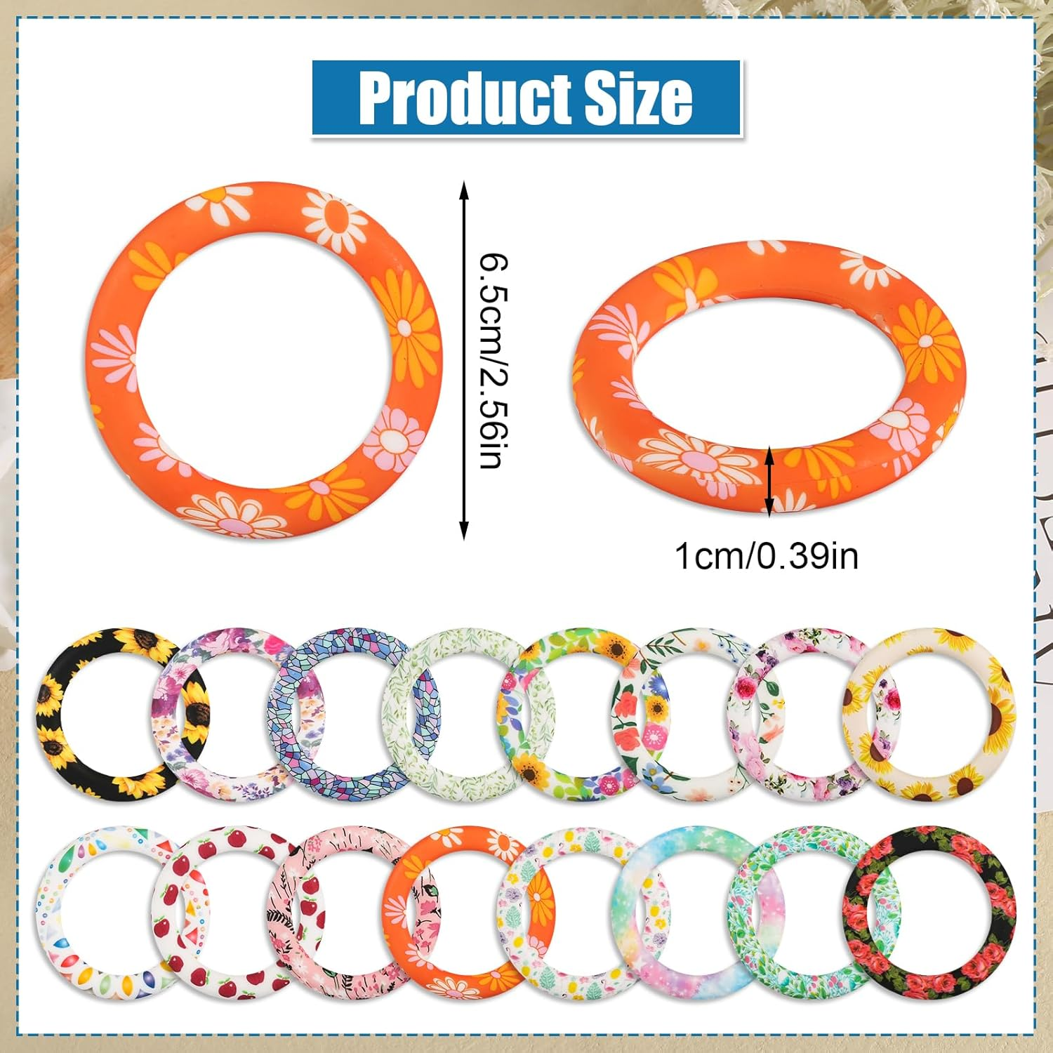16Pcs Floral Silicone Beadable O Rings, 65Mm Silicone Beads Ring round Silicone Loop with 2 Holes Focal Frame Silicone Pendant for Jewelry Making DIY Crafts Necklaces Keychains(16 Styles) image number 3