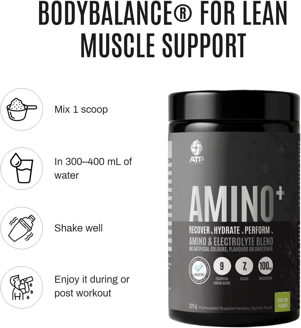 ATP Science Amino Plus, Essential Amino Acids, Electrolytes & BCAA Blend, Formulated for Active Lifestyles & Hydration Support, Kiwi Lime Flavour, 375G image number 5