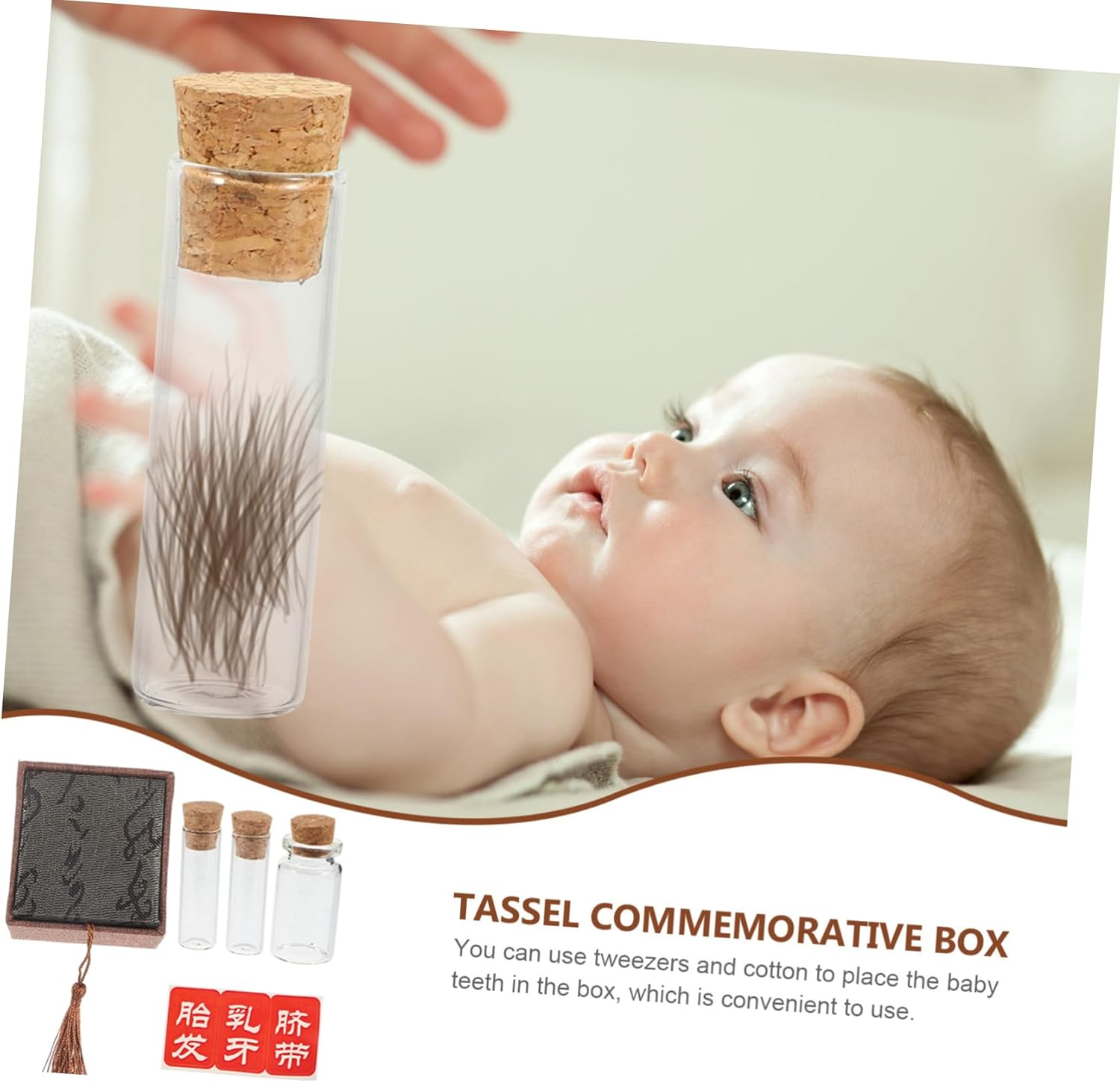 Baby Fetal Hair Box and Kids Teeth Keepsake Organizer Set 3 Glass Bottles Sticker Newborn Tooth Storage Holder for Baby Hair and Random Style image number 2