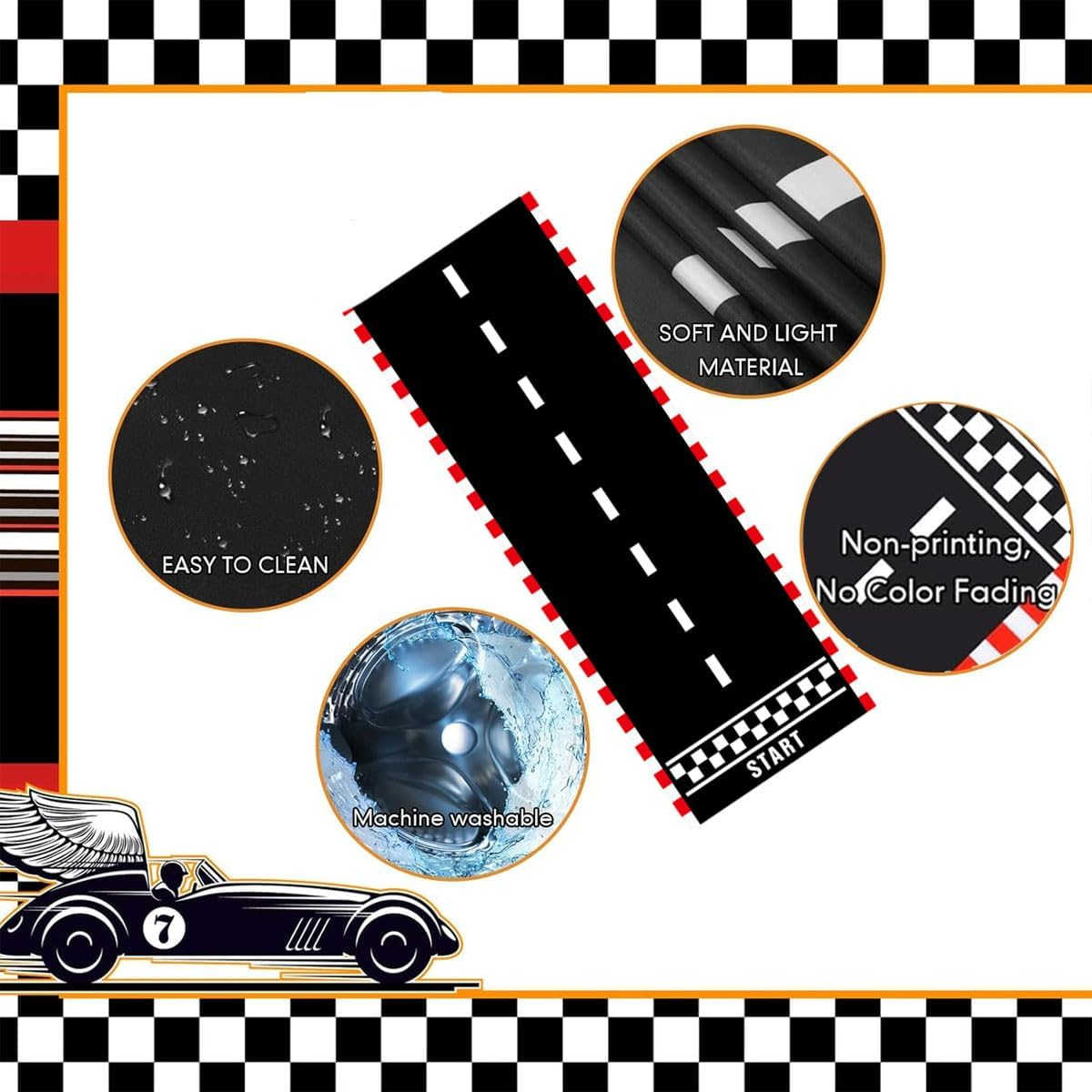 AIMALL 4 PCS Racing Themed Party Runner, Black and White Checkered Race Track Floor Decoration, 78.74" X 23.62" Durable Background Cloth for Events