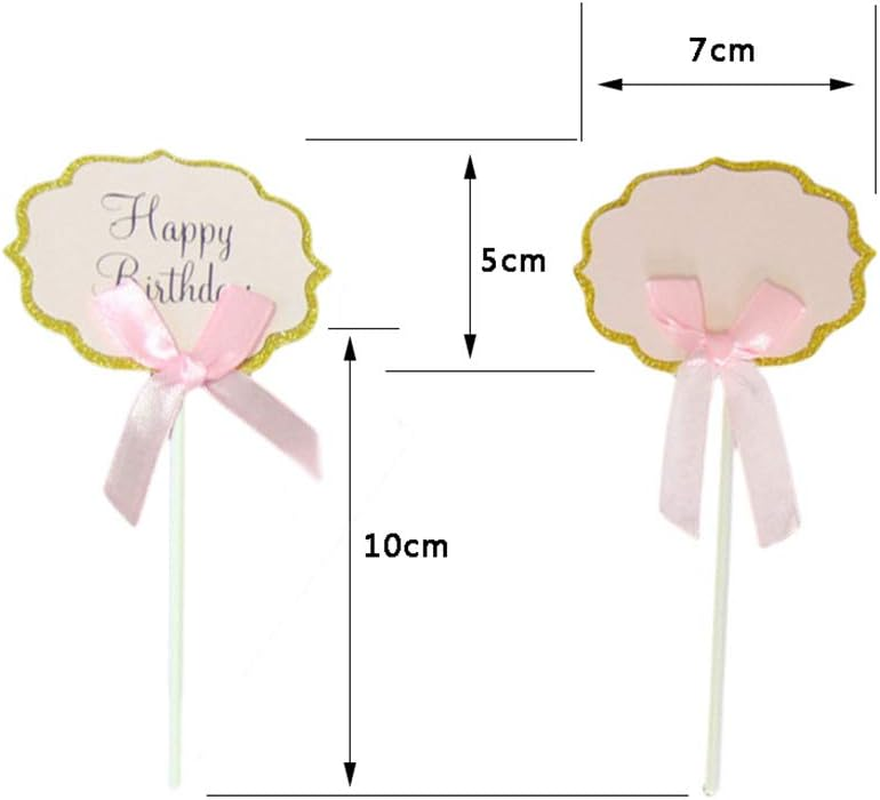AKOAK 10 Pieces Baby Shower Pink Ribbons Bow Cupcake Toppers, Birthday Party Favors Cake Decoration,5 Pcs Blank and 5 Pcs Printed"Happy Birthday"