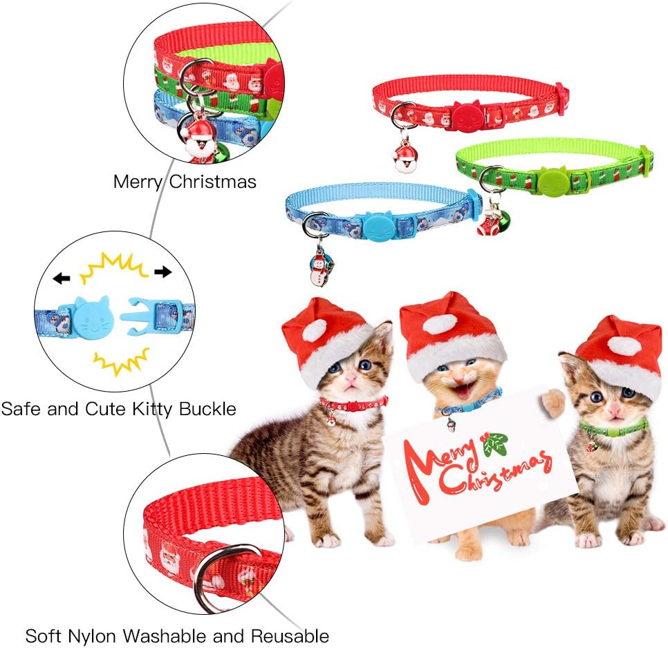 3PCS Christmas Breakaway Cat Collars with Bell Safe and Adjustable Soft Nylon for Kitten