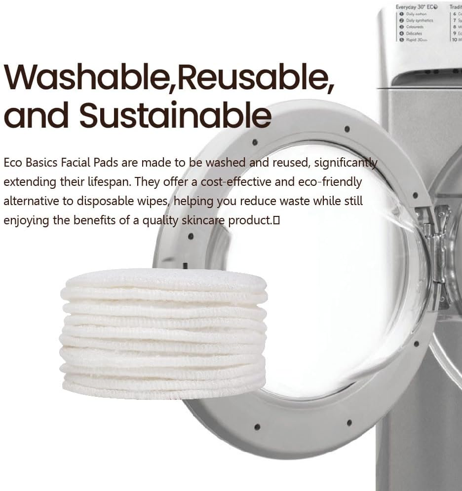 Eco Basics Reusable Bamboo Facial Pads &ndash; 100% Plant-Based, Dual-Sided for Makeup Removal & Exfoliation, Washable, Eco-Friendly with Cotton Wash Bag, Diameter 8Cm, Bag Size 20X17Cm image number 2