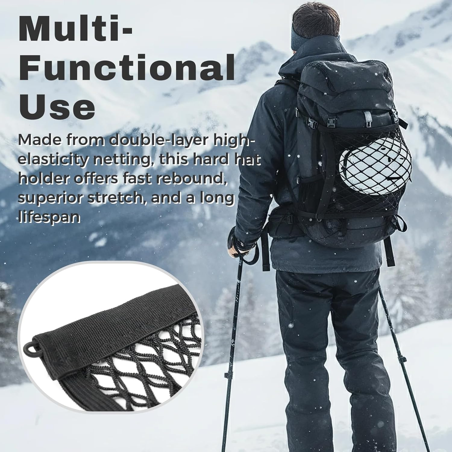 Universal Ski Helmet Holder for Backpack, Double-Layer Elastic Mesh Net, Fits Snow & Off-Road Helmets, E-Bike & Hiking Storage Accessory