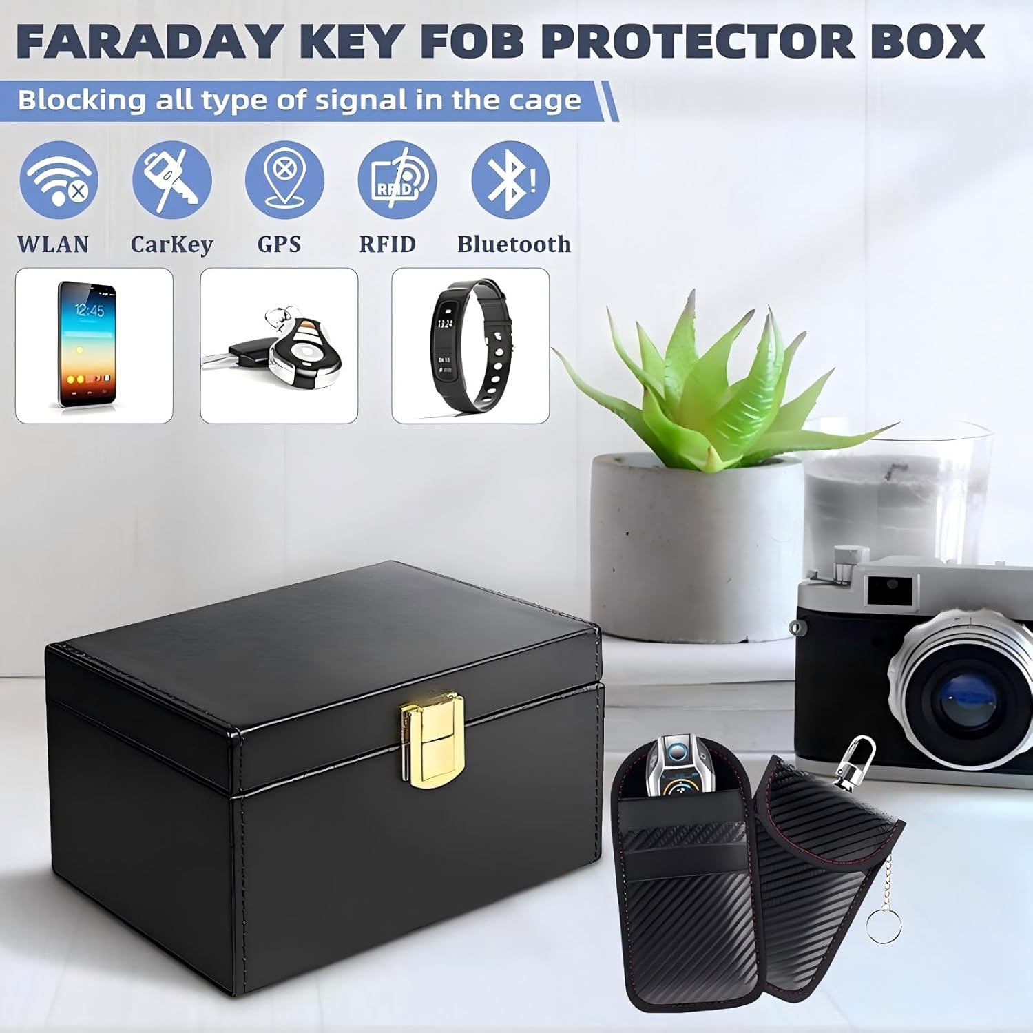 Faraday Box, with Faraday Bags Car Key Signal Blocker Box, plus 2 Pack Faraday Pouch, Mobile Phone, Key Fob Protector, Key Fob Cage Block Signal Anti-Theft Fob Case, Car RFID Signal Blocking (Black) image number 6