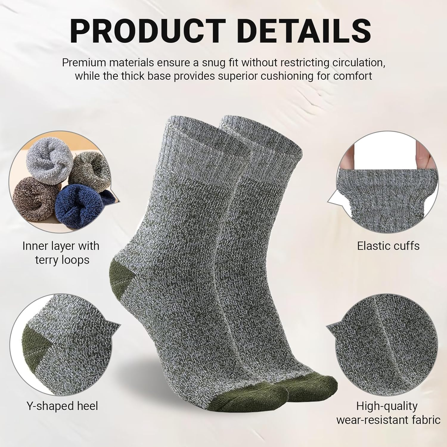 JOWILIN Merino Wool Socks for Men, 5 Pairs Thermal Warm Sock, Winter Thick Crew Socks, Cozy Crew Hiiking Socks for Cold Weather Oudoor Hiking Camping Skiing for Men Women