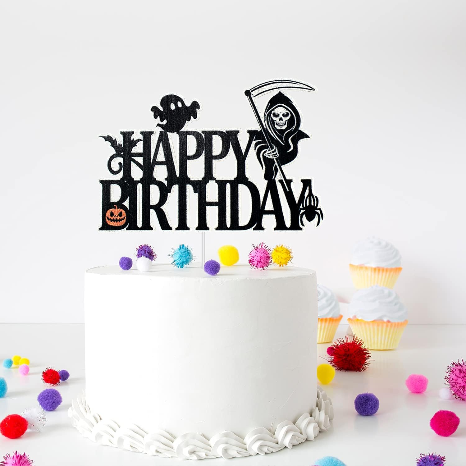 Halloween Happy Birthday Cake Topper - Spooky Pumpkin Death Black Glitter Cake Topper - Adult Kids Horror Birthday Party - Happy Halloween Party Decoration