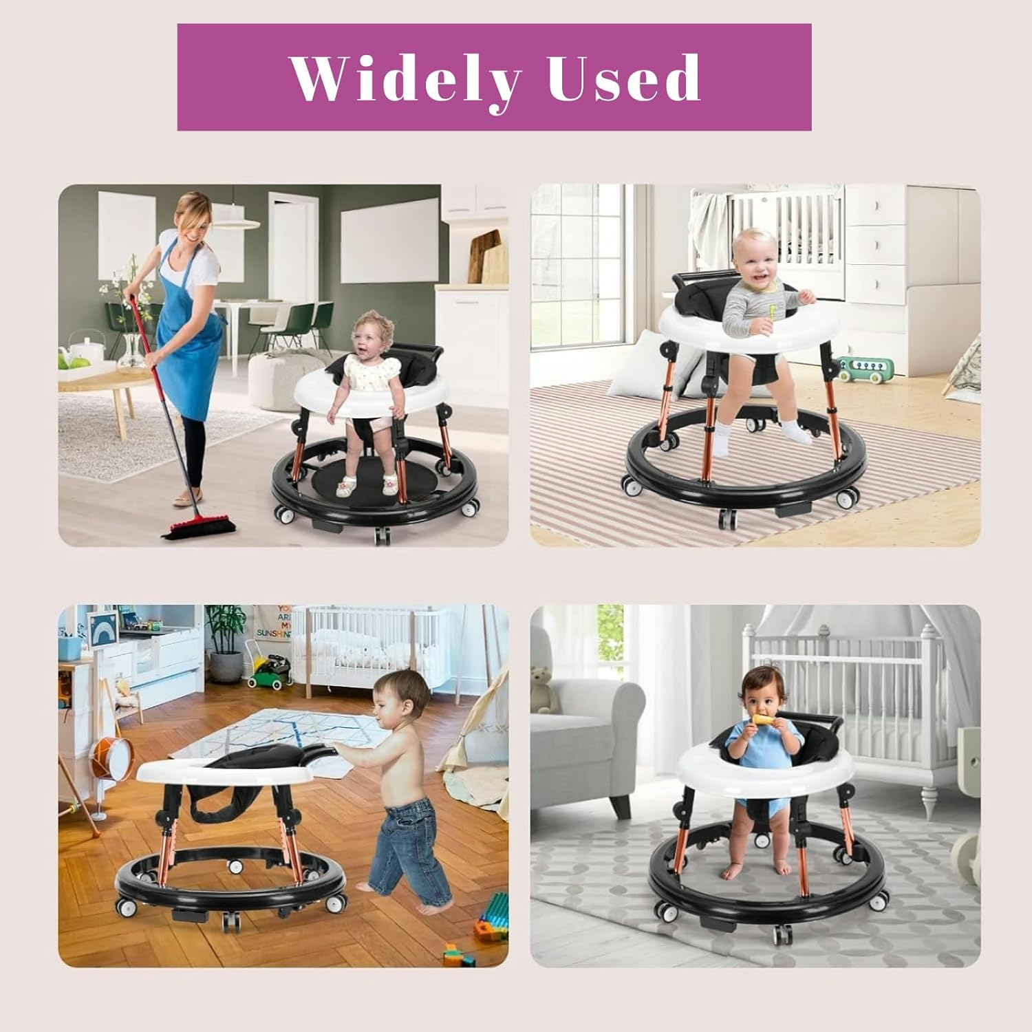 Baby Walker 6-12 Months, 10-Level Adjustable Height Foldable Baby Jumper & Mobile Baby Walker with 360&deg; Wheels, Rosegold Aluminum Frame & Wide Stable Base for Infants 6-18 Months