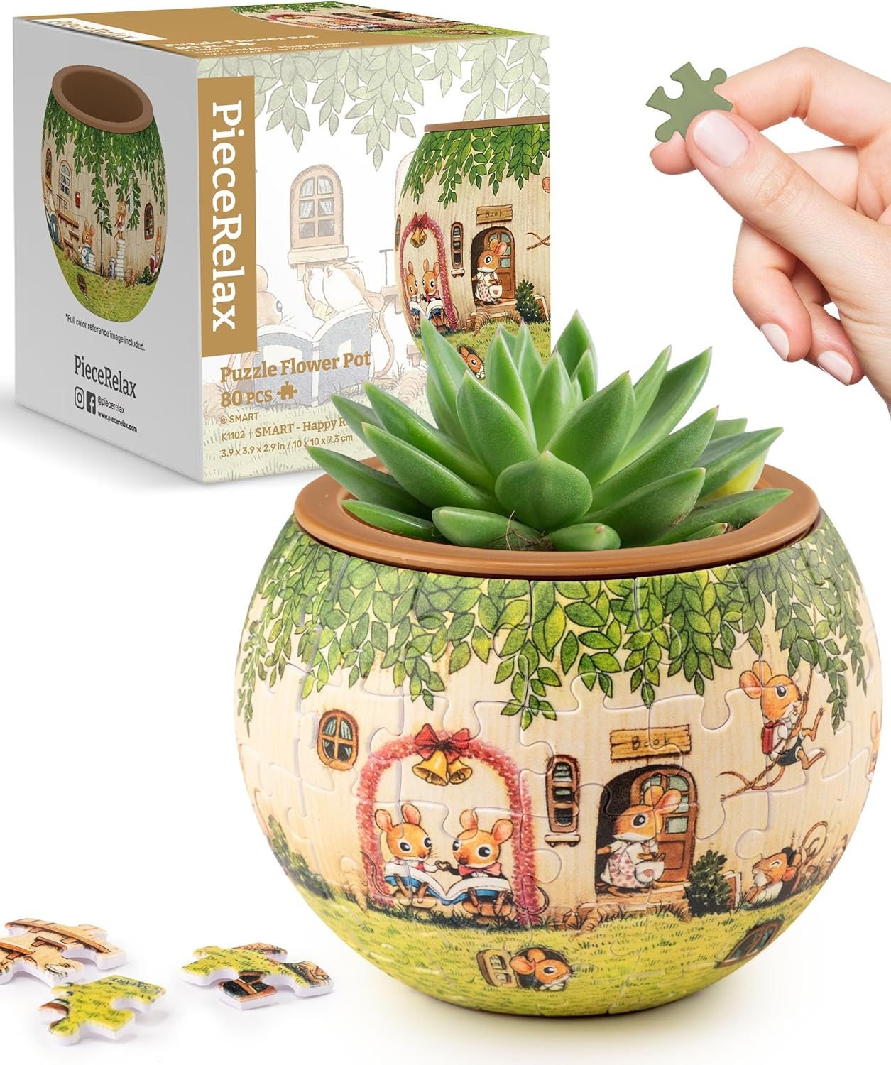 Piecerelax 3D Puzzle Planter - Smart - Happy Reading - Small round Plant Pots with Drainage, Home Decor Flower Pots for Indoor Cactus, Succulents Pots [K1102] image number 4