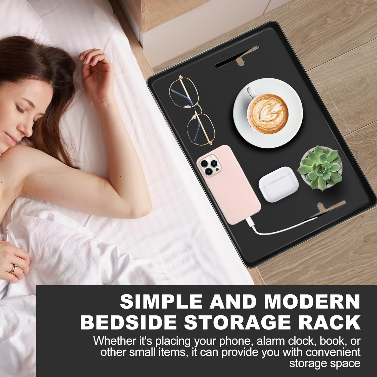 Uandhome Bedside Shelf, Modern Clamp-On Floating Nightstand and Bedroom Bed Shelf Tray, Clipped in Bunk Beds, for Home, Dorm, Rv or Apartment (Excluding Accessories on Bedside Racks) (Black) - White image number 5