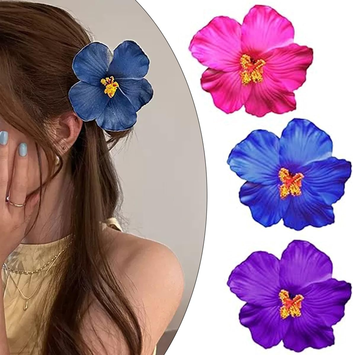 TSUOUKL Pack of 3 Hawaiian Flower Hair Clips for Women, Plumeria Hibiscus Hair Clip, Hair Clips, Artificial Flower Clips for Holiday, Hawaiian Flower Hair Clips image number 5