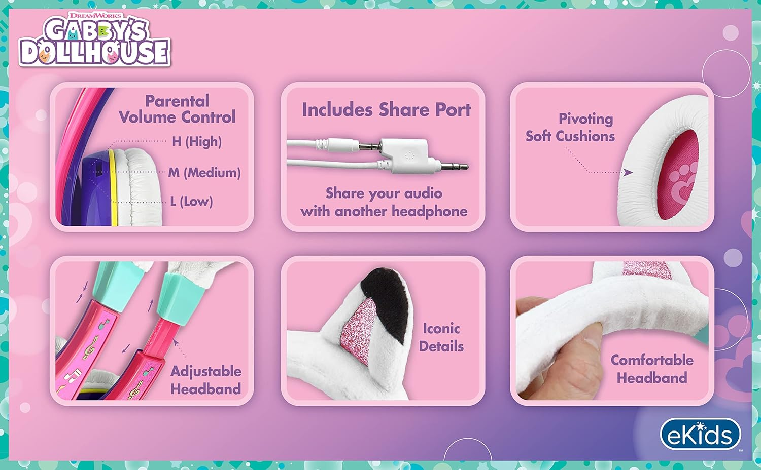 Ekids Gabbys Dollhouse Headphones for Kids, Wired Headphones for School, Home or Travel, Tangle Free Toddler Headphones with Volume Control, 3.5Mm Jack, Includes Headphone Splitter image number 3