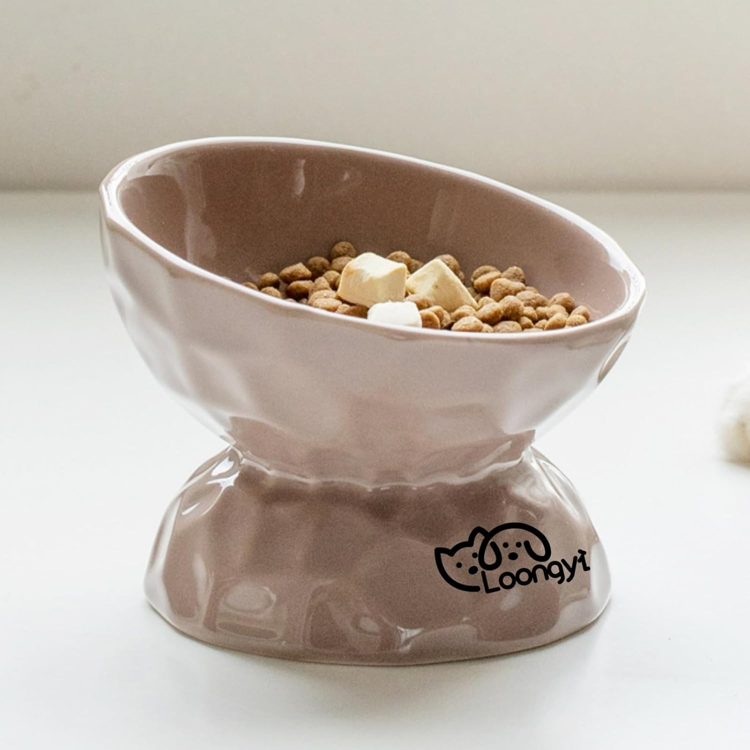 Ceramic Elevated Cat & Dog Bowl - 15&deg; Slanted Design for Cervical Health, Anti-Tip Diamond Texture Pet Food Dish, Stylish and Easy-To-Clean Feeding Bowl image number 2