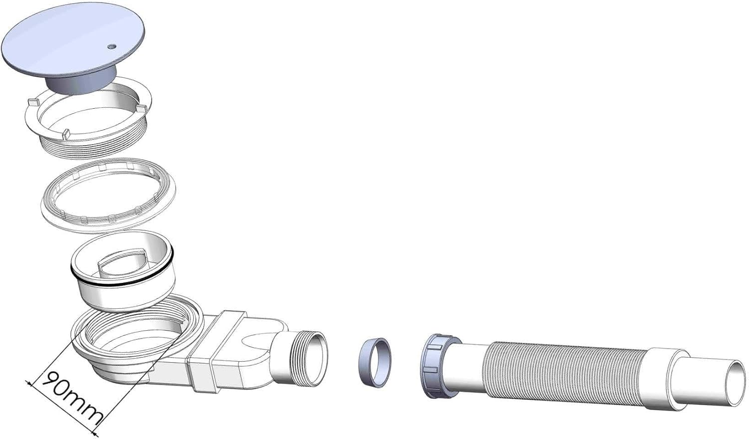 IMPTS Shower Drain Fitting, 90 Mm, Extra Flat Drain Hole Set for Shower Tray, Siphon with Odour Stop, Hair Strainer, Flex Hose, Chrome Cover image number 2