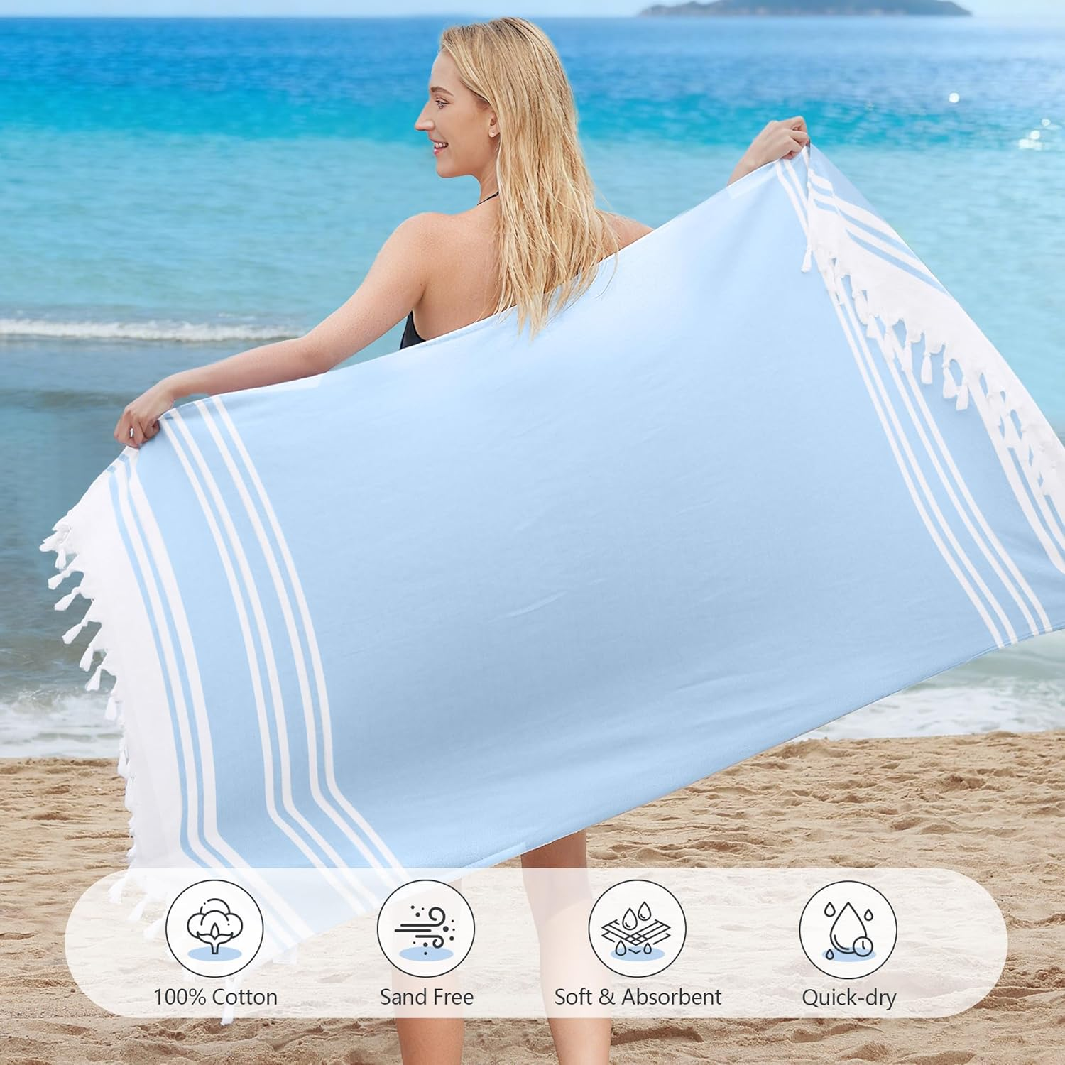 LINENOVA 100% Cotton Turkish Beach Towel 180&times;100Cm, Oversized Absorbent Towels, Sand-Free, Quick Dry & Lightweight Pool Towel for Swimming, Travel, Holiday &ndash; Blue