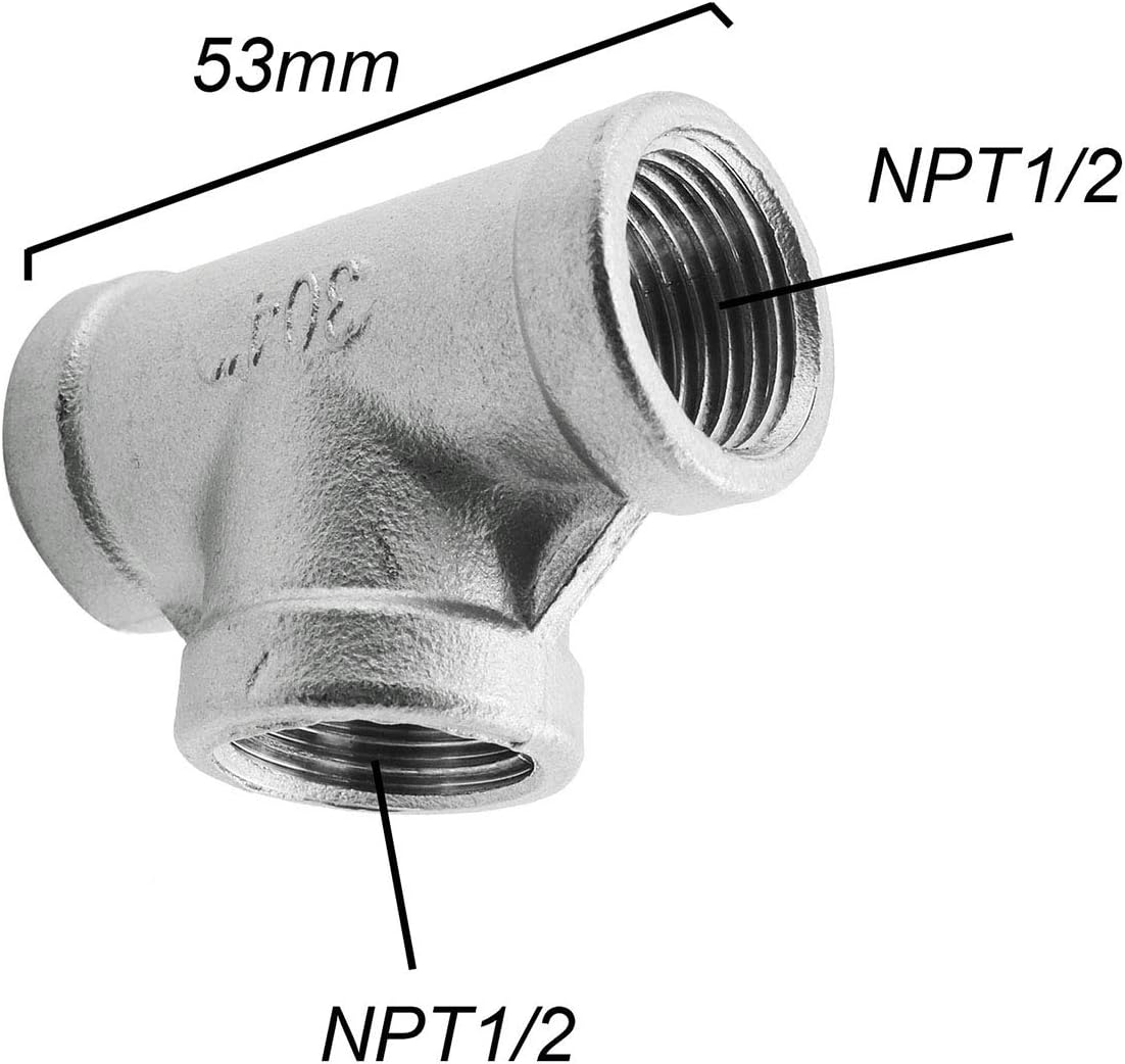 Heyous 304 Stainless Steel Female Threaded 3 Way Tee T Pipe Fitting NPT 1/2 Inch Threaded Connector