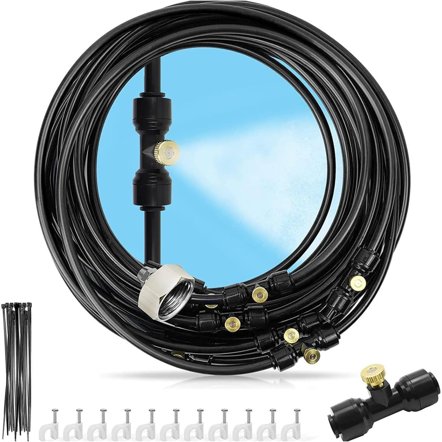 Misting Line + 7 Brass Mist Nozzles + Brass Adapter(3/4") Outdoor Mister for Patio Garden Greenhouse Trampoline for Waterpark, 6M8M M M M More Sizes，Low-Pressure Spray System (6M(20Ft)) image number 1