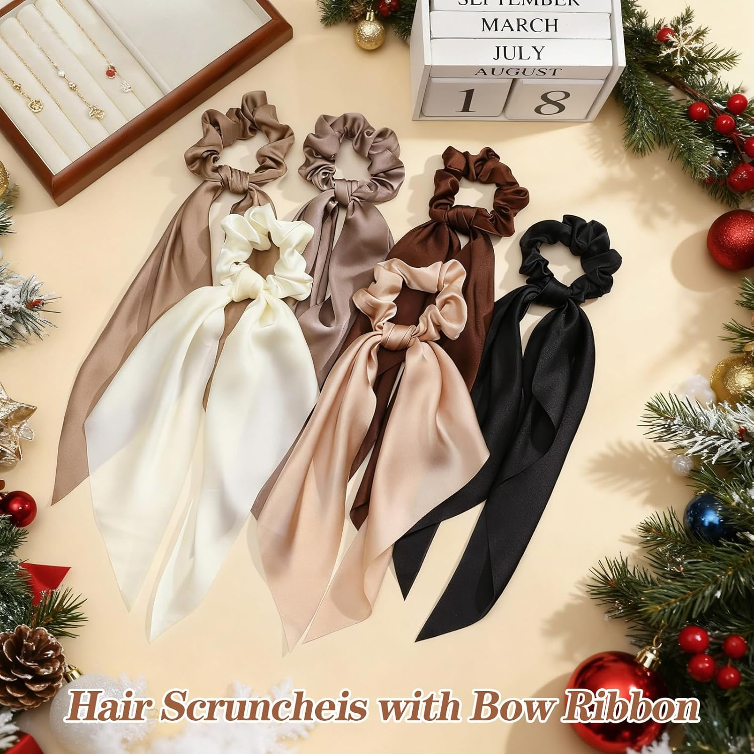 6 PCS Bow Silk Scrunchies, Hair Ties with Bows, Hair Scrunchies for Women Girls, Knotted Bows Silk Hair Ties, Satin Hair Ribbon Elastic Hair Tie, Valentine'S Day Gifts image number 6