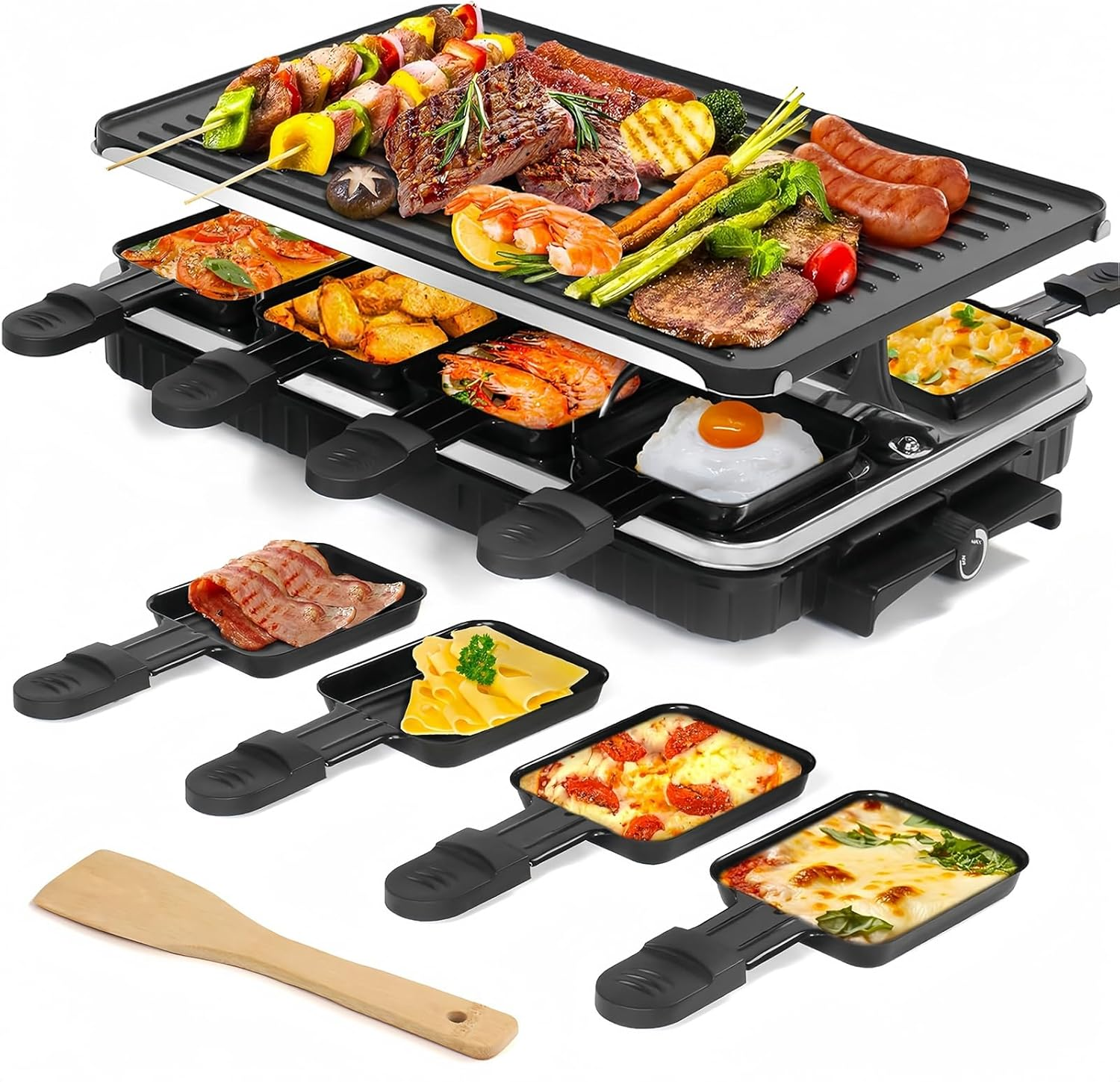 Leukoles Reversible Raclette Grill, Raclette for 8 Persons, 1300W Non-Stick Electric Grill with 8 Mini Raclette Cheese Pans & 1 Wooden Spatula, for Indoor Barbecuing in the Family image number 1