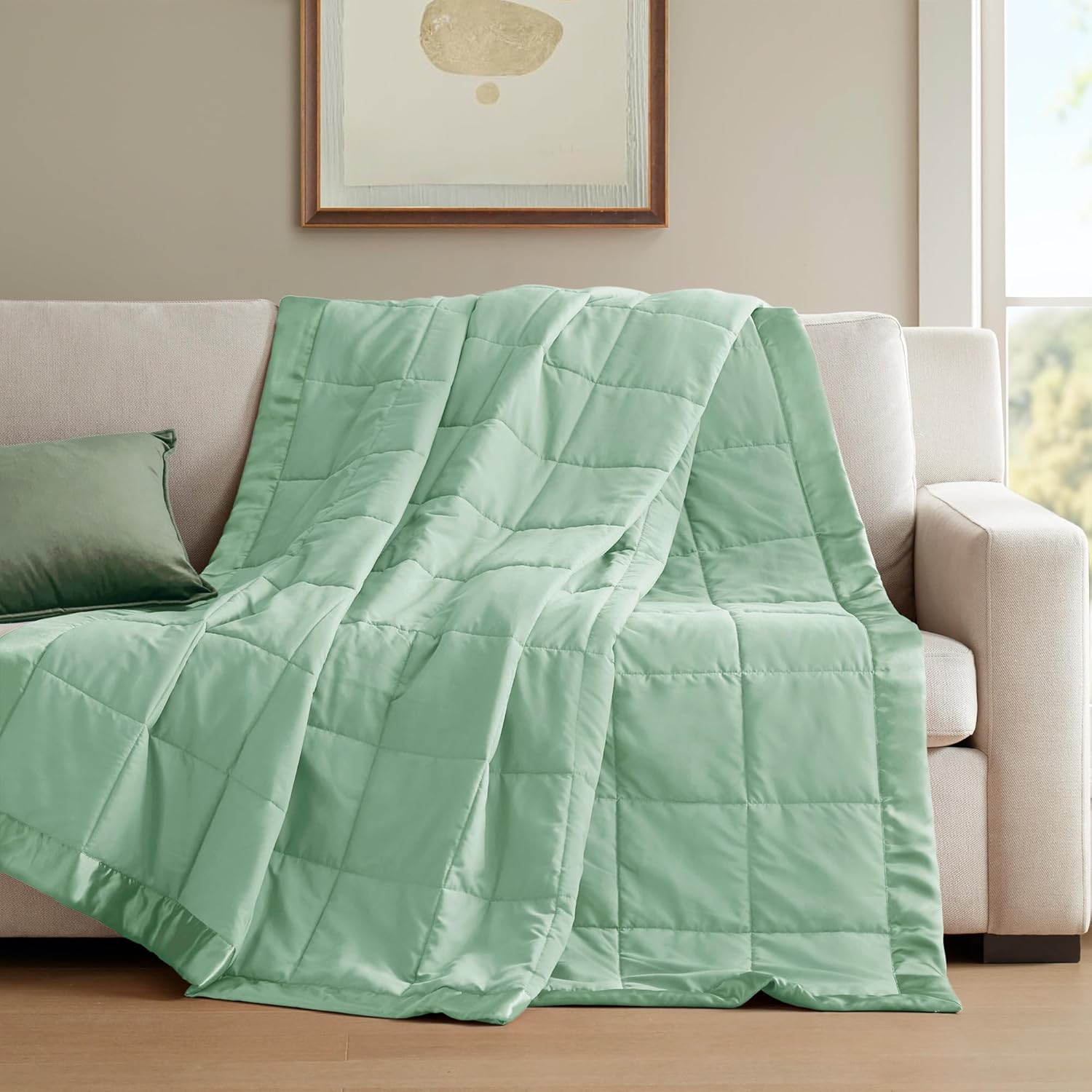 Madison Park Windom down Alternative Blanket, Premium 3M Scotchgard Moisture Wicking Treatment, Lightweight and Soft Bed Cover for All Season, Satin Trim, Seafoam Full/Queen image number 6