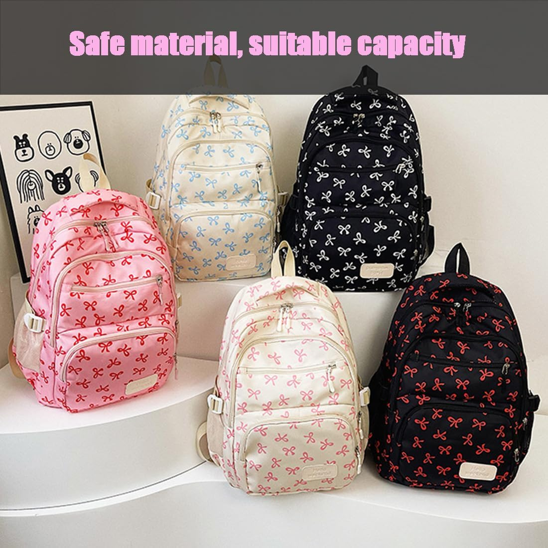 3Pcs Set Bow Backpack for Girls, Pink Bow Backpack, College Style Large Capacity Nylon Bow Bookbag Set - Pink image number 4