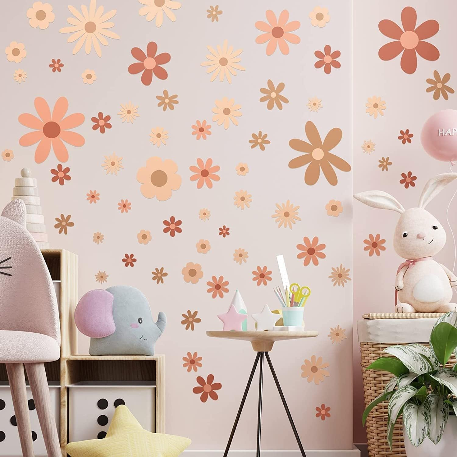 Daisy Wall Decals Boho Flower Wall Sstickers Baby Nursery Kids Room Girls Bedroom Wall Window Decor (Boho Colour)