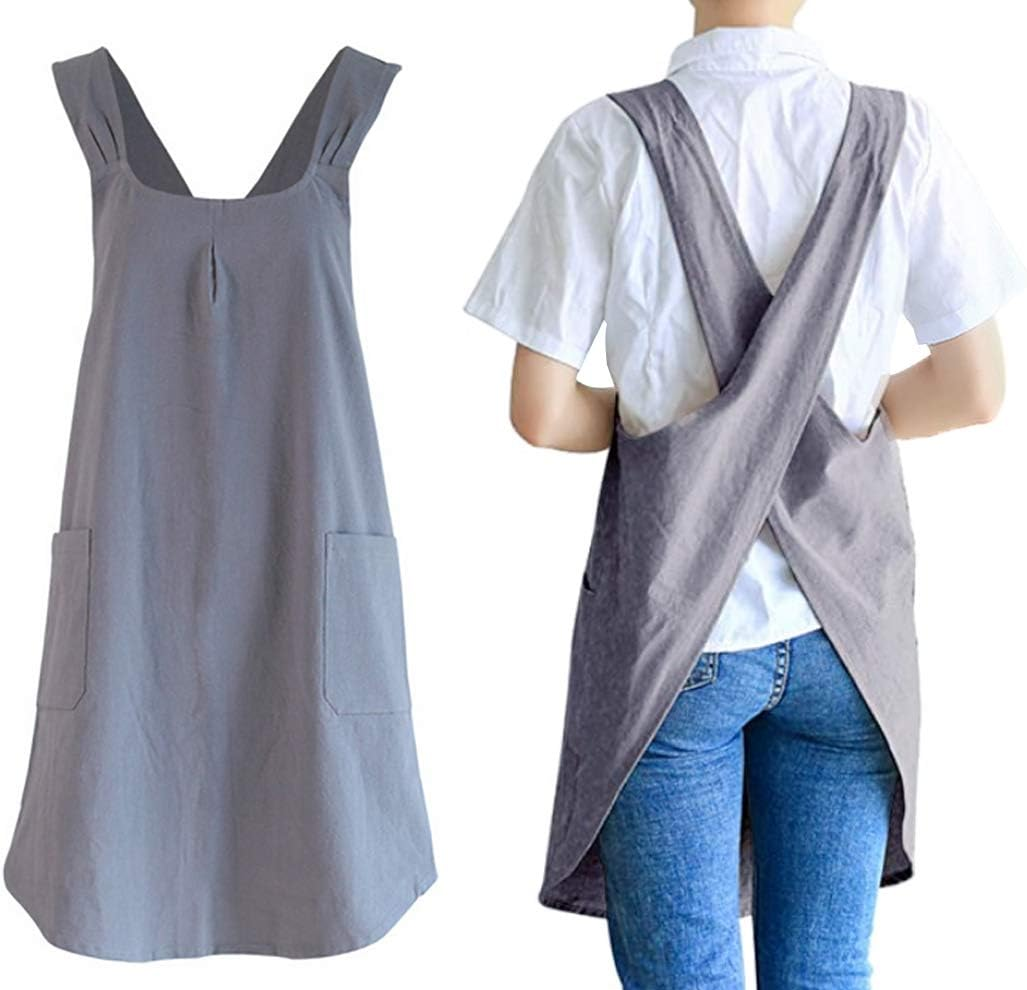 Soft Cotton Linen Apron Cross Back X-Shaped Japanese Style Pinafore Dress for Cooking, Housewarming, Daily Chores