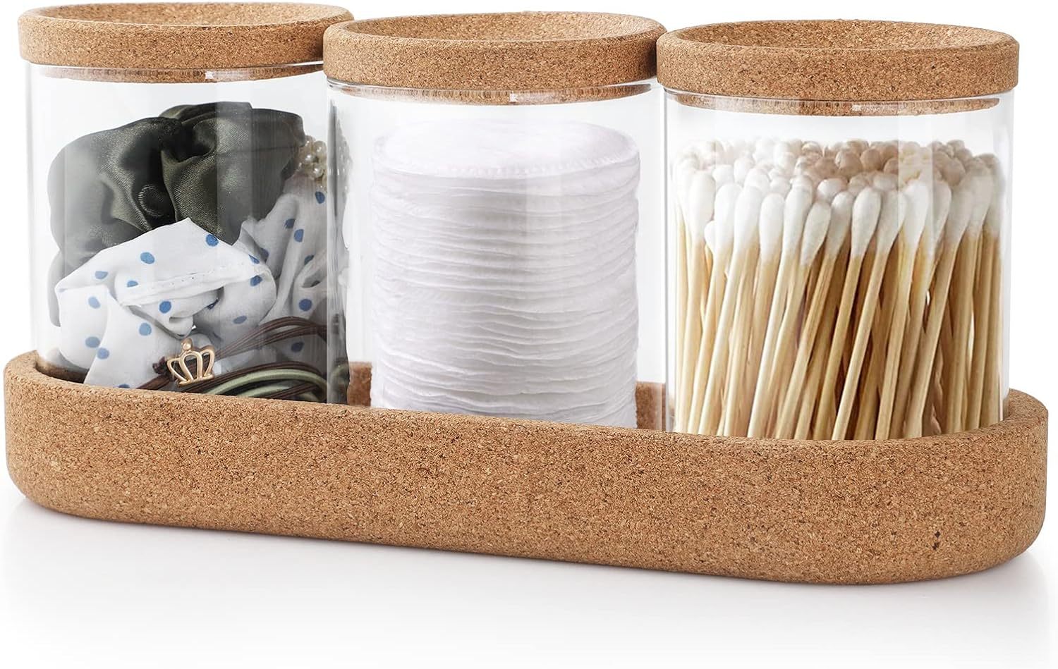 Anhow 3 Pack Qtip Holder Dispenser, Makeup Organizer with Cork Lids and Cork Pallet Cosmetic Display Cases Cotton Pad Dispenser for Cotton Ball, Cotton Swab, Cotton round Pads, Floss - Clear