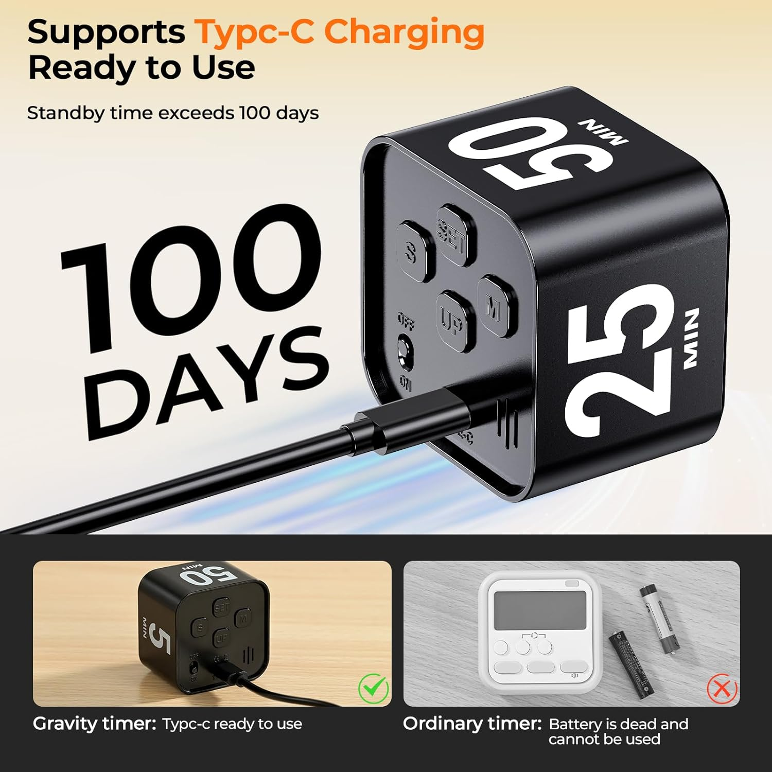 Eoocoo Visual Pomodoro Timer, Gravity Cube Productivity Timer, ADHD Tool, 4 Preset Time (5/10/25/50 Min), Rechargeable, Visual Display & Countdown/Up Ring for Kitchen Office Work Study image number 2