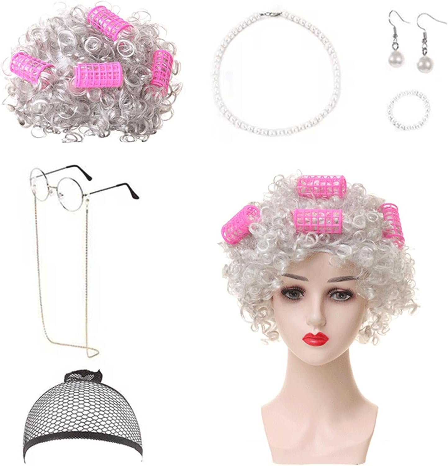8Pcs Old Lady Dress up Wig Set, Granny Cosplay Set Halloween Grandma Curly Hair - Grandmother Wig, Hair Cap,Granny Glasses, Eyeglass Chains Cords Strap,Curlers,Pearl Necklace,Pearl Earrings image number 4