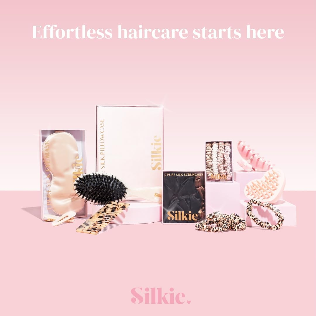 SILKIE 100% Pure Mulberry Silk Scrunchies Set of 4 Brown Travel Pouch Hair Care Elastic Hair Ties Ponytail Holder