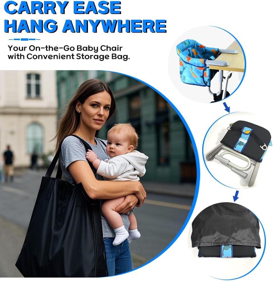 Hook-On High Chair with Adjustable Footrest,Portable, Foldable Baby Feeding Chair for Babies 6-36 Months, Quick Setup with Carry Bag,Table Chair for Travel & Home Use(Blue Dinosaur) - Blue Dinosaur image number 6