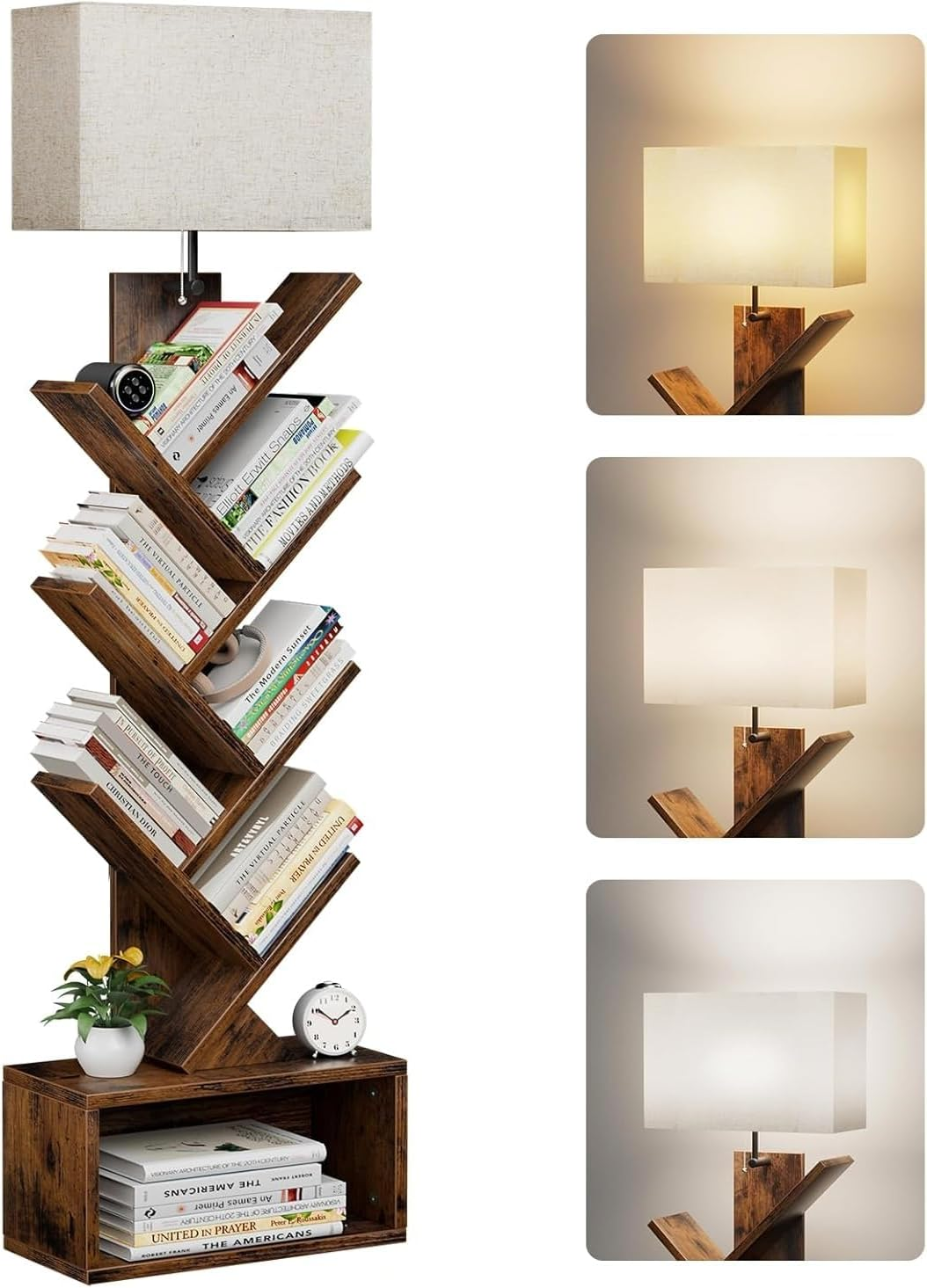 WAMBORY 6 Tier Tree Bookshelf with Light for 3 Color Temperature, Vertical Bookcase Tower for Books,Cds,Standing Book Organizer with Storage Cabinet, Corner Display Bookshelf Lamp for Living Room image number 1