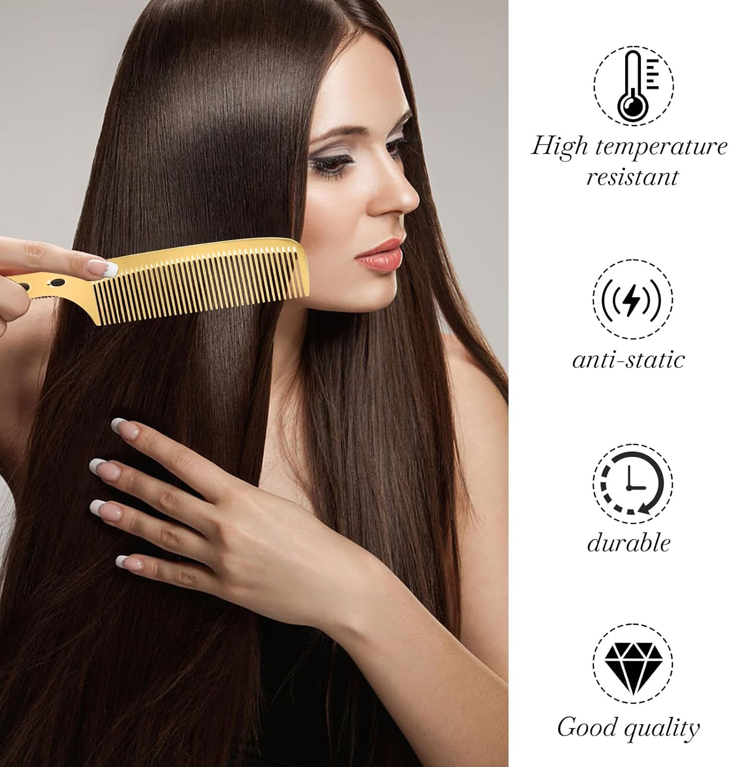 Metal Comb for Men, 2 PCS Fine Tooth Comb Aluminum Cutting Comb Metal Hair Styling Comb Set Metal Rat Tail Comb Professional Barber Comb, Detangling Comb anti Static Metal Combs for Hair Women, Gold image number 3